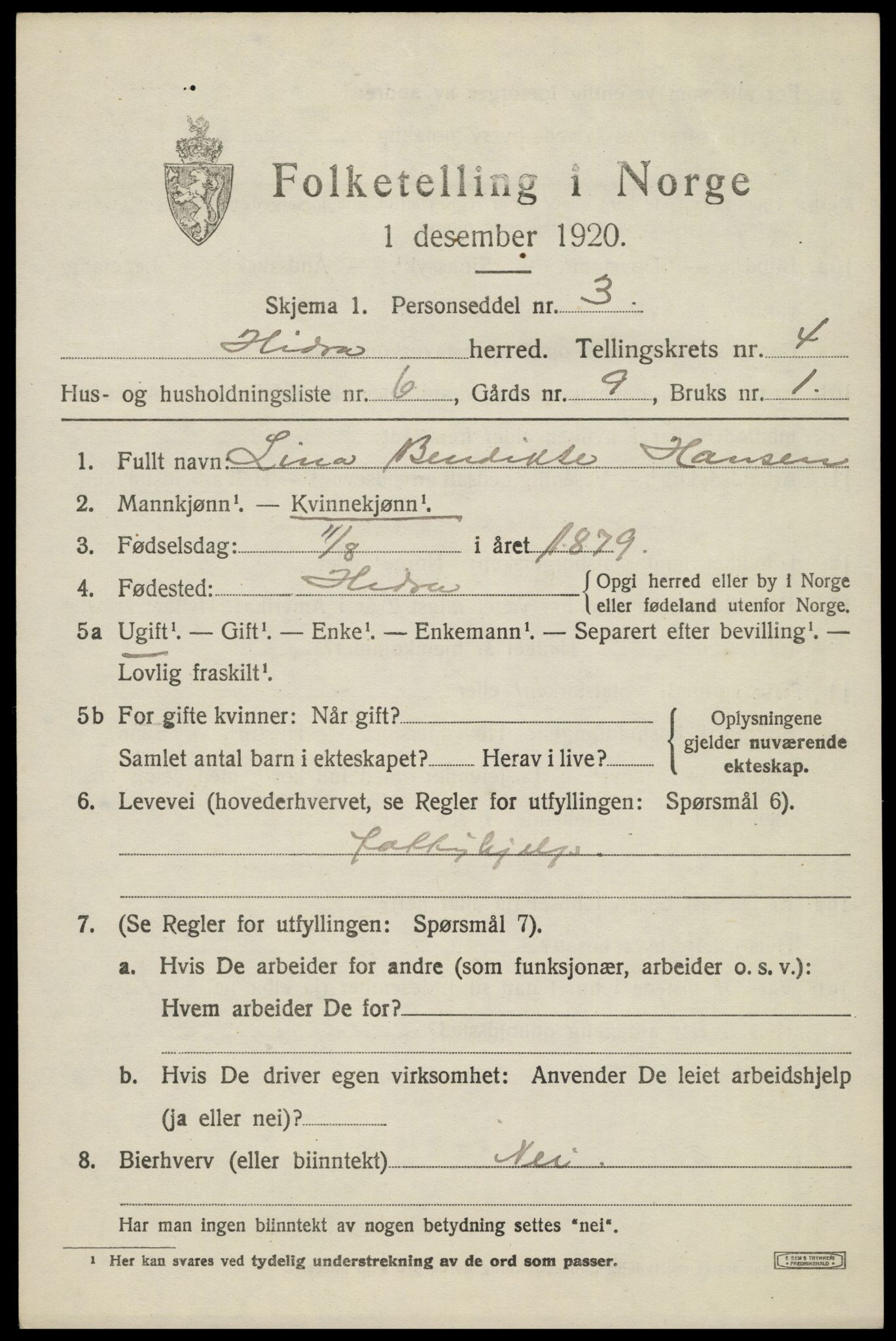 SAK, Folketelling 1920 for 1042 Hidra herred, 1920, s. 2118