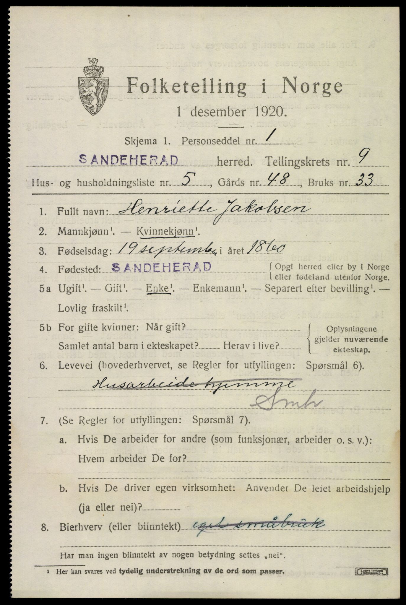 SAKO, Folketelling 1920 for 0724 Sandeherred herred, 1920, s. 14300