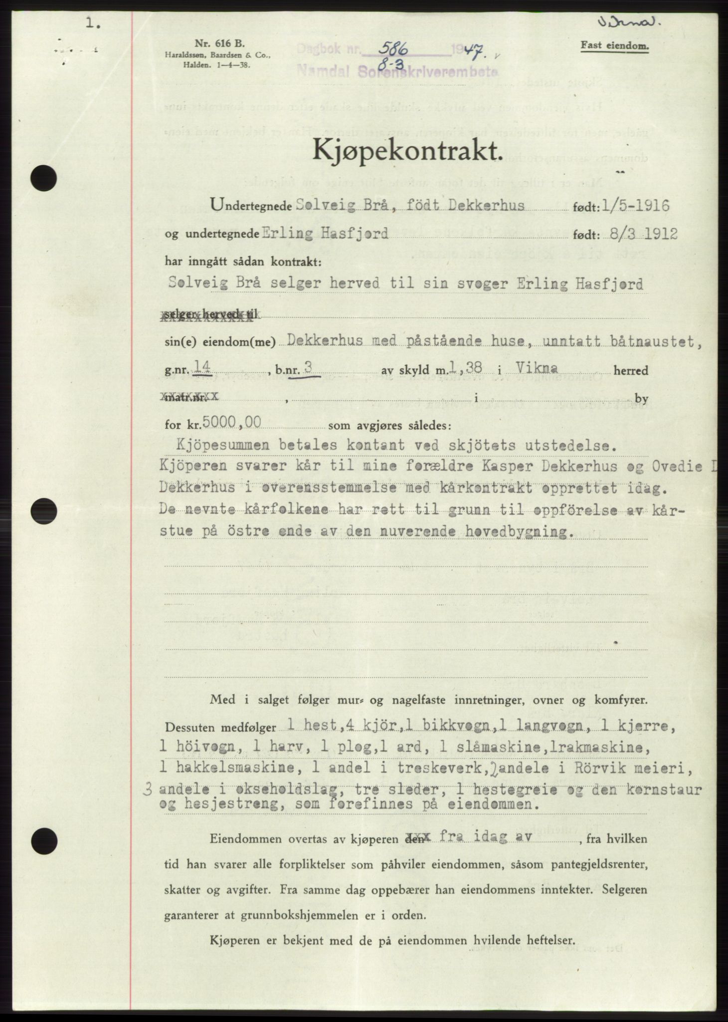 Namdal sorenskriveri, SAT/A-4133/1/2/2C: Pantebok nr. -, 1946-1947, Dagboknr: 586/1947