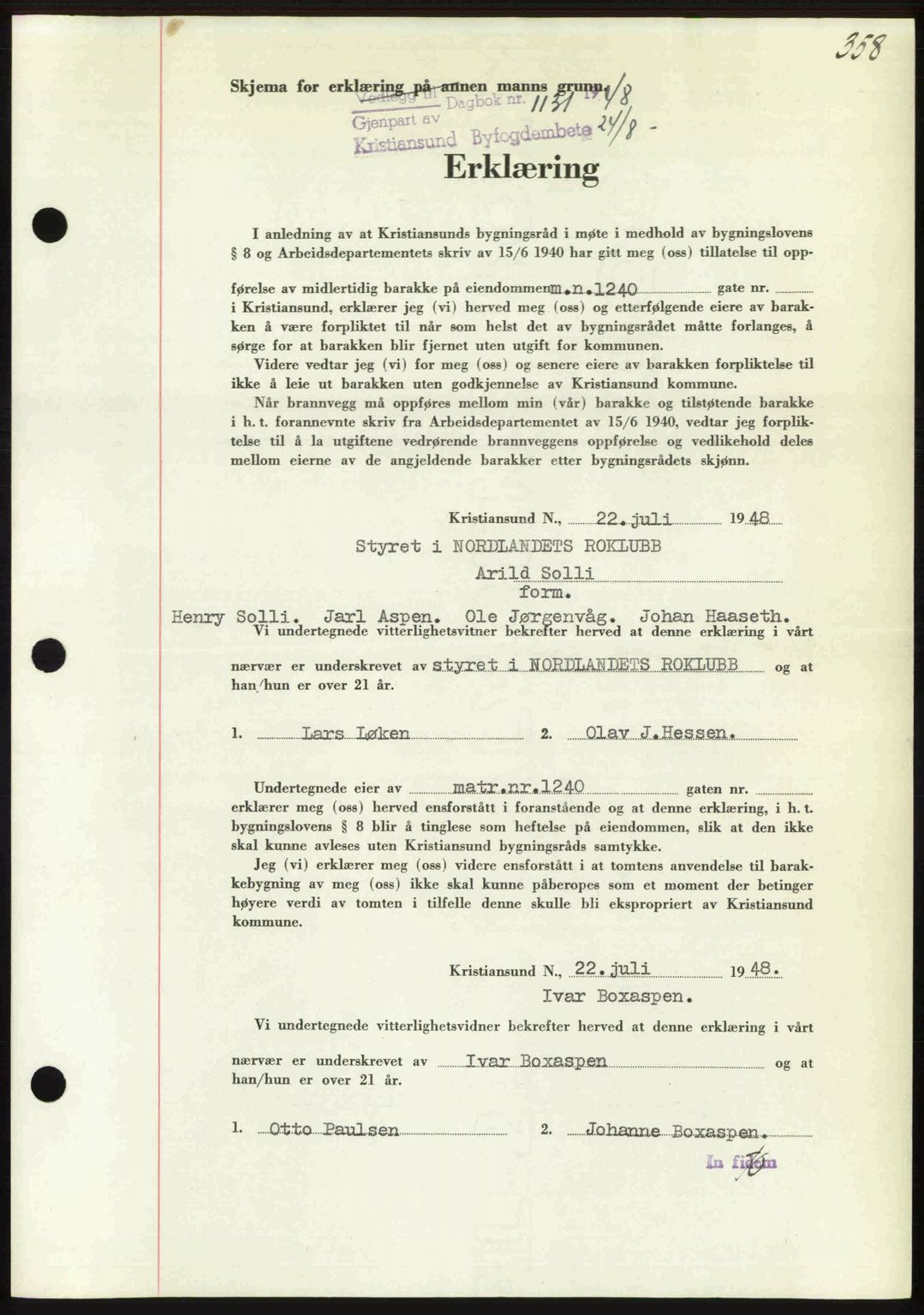 Kristiansund byfogd, AV/SAT-A-4587/A/27: Pantebok nr. 44, 1947-1948, Dagboknr: 1131/1948