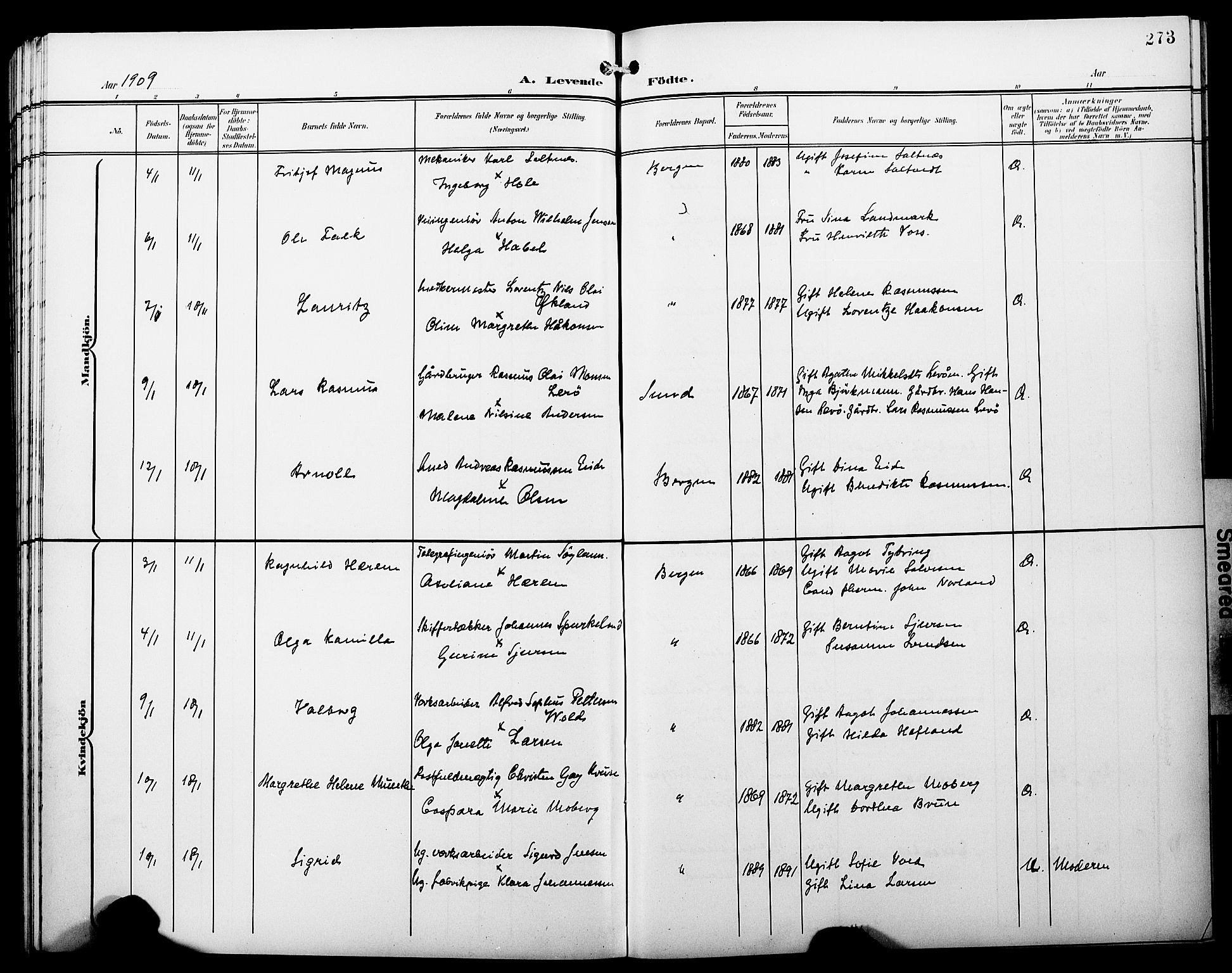 Fødselsstiftelsens sokneprestembete*, SAB/-: Klokkerbok nr. A 1, 1900-1909, s. 273