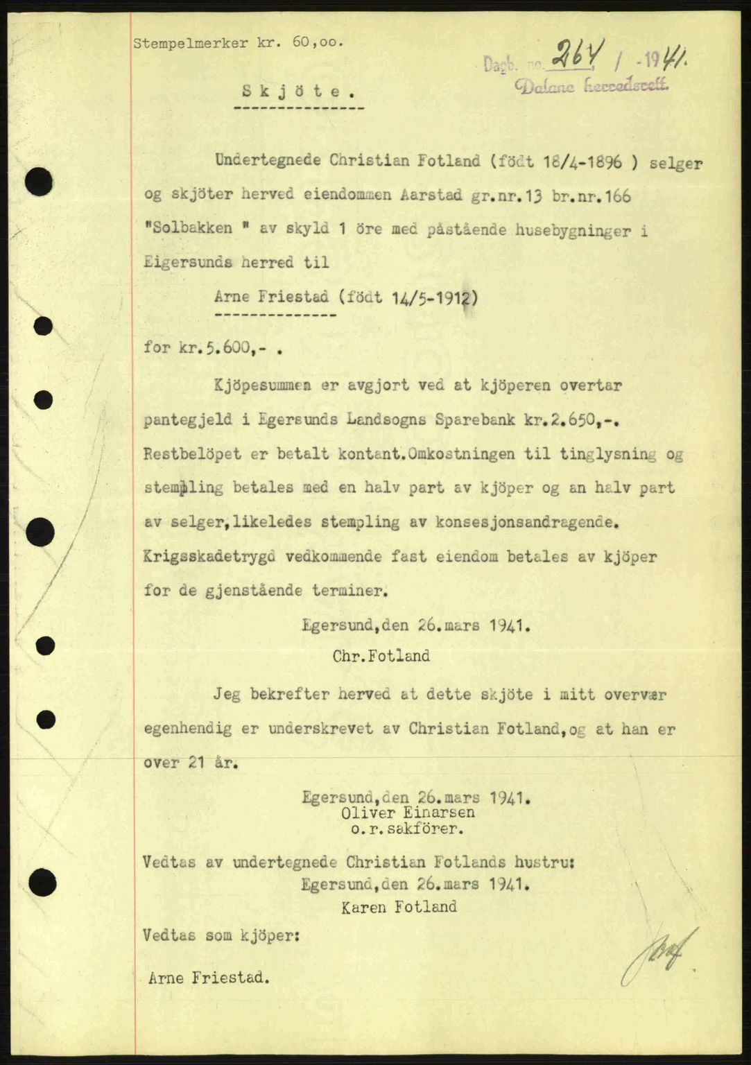 Dalane sorenskriveri, SAST/A-100309/02/G/Gb/L0044: Pantebok nr. A5, 1940-1941, Dagboknr: 264/1941
