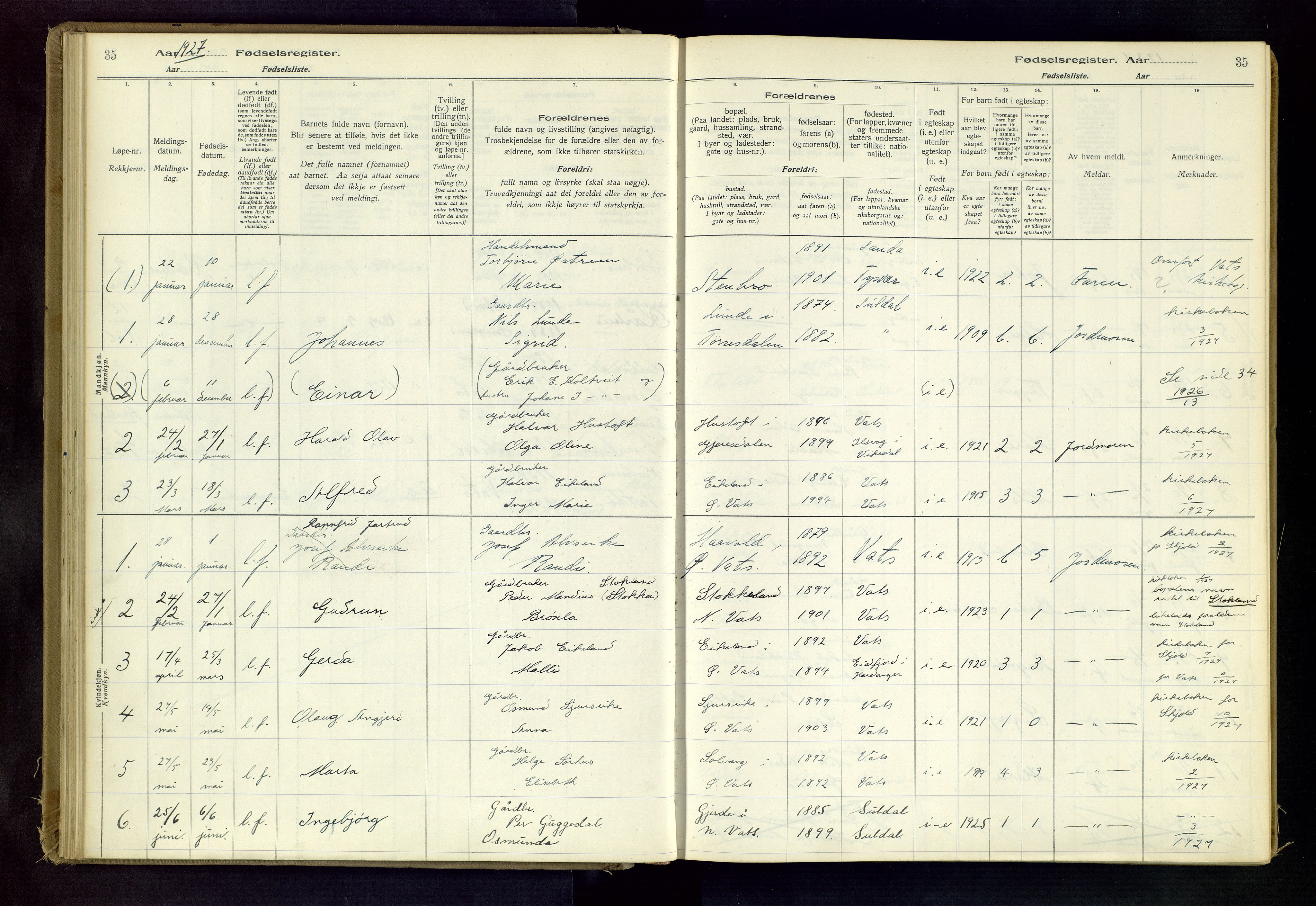 Skjold sokneprestkontor, SAST/A-101847/I/Id/L0003: Fødselsregister nr. 3, 1917-1982, s. 35