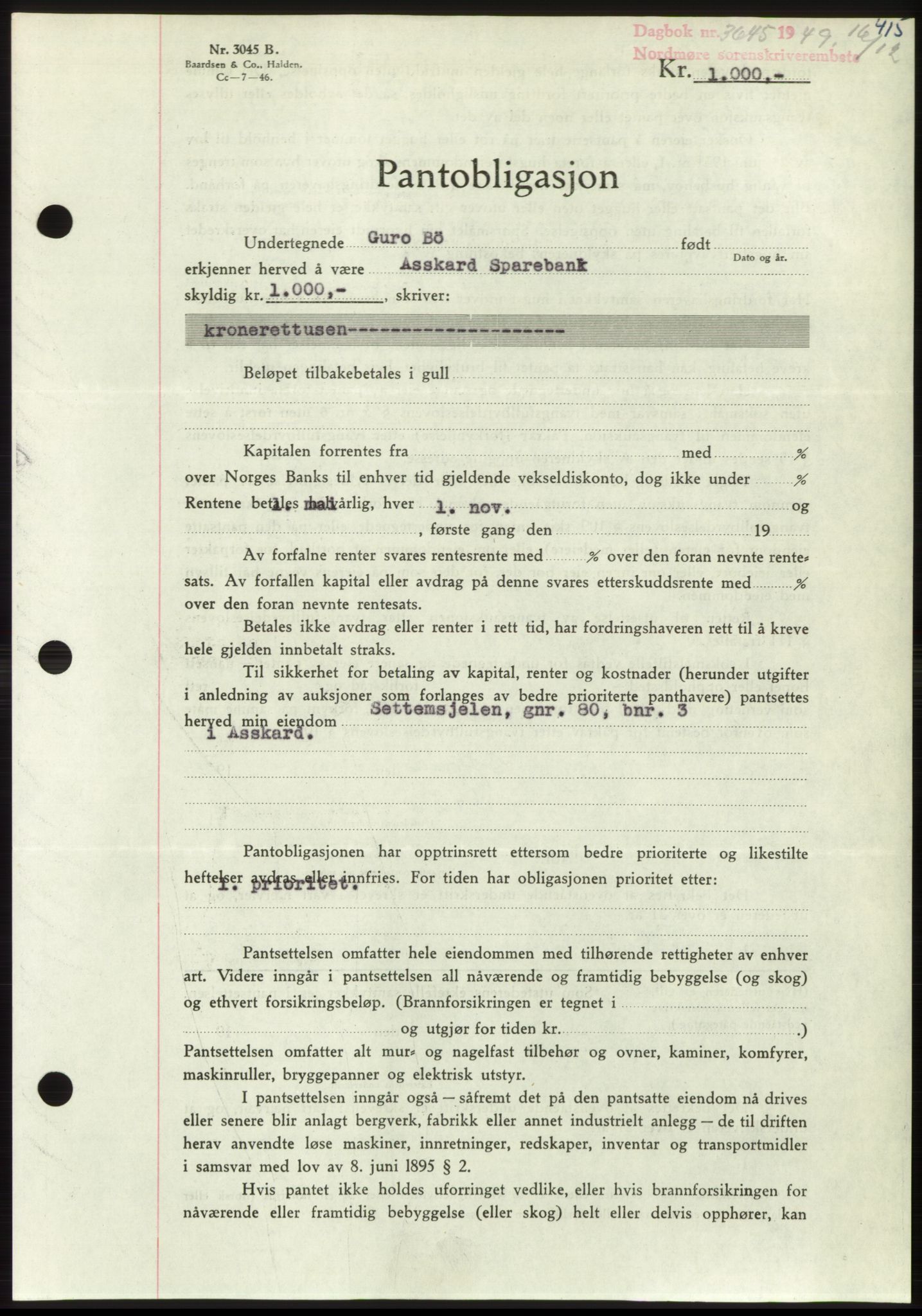 Nordmøre sorenskriveri, AV/SAT-A-4132/1/2/2Ca: Pantebok nr. B103, 1949-1950, Dagboknr: 3645/1949