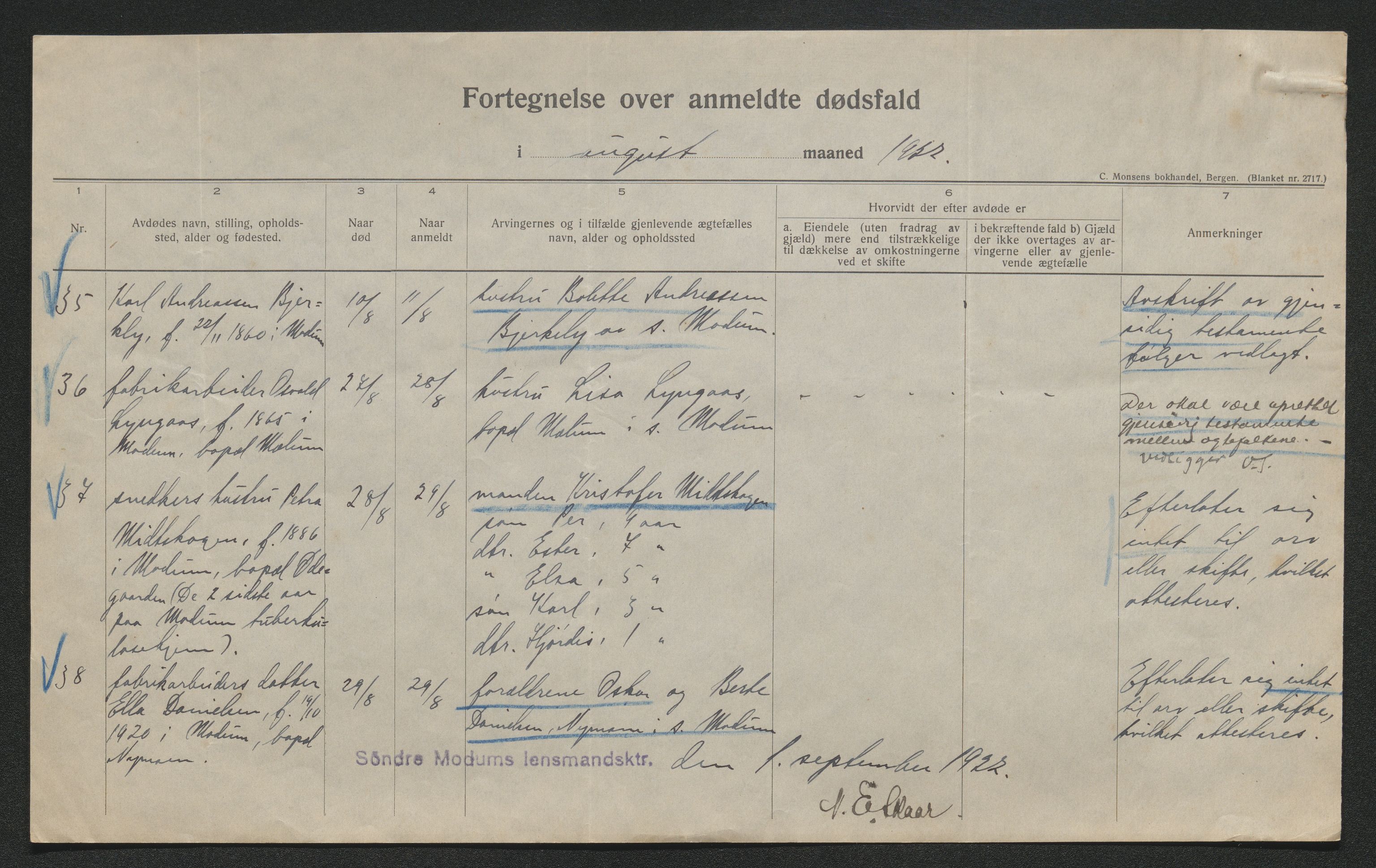 Eiker, Modum og Sigdal sorenskriveri, SAKO/A-123/H/Ha/Hab/L0041: Dødsfallsmeldinger, 1922-1923, s. 337