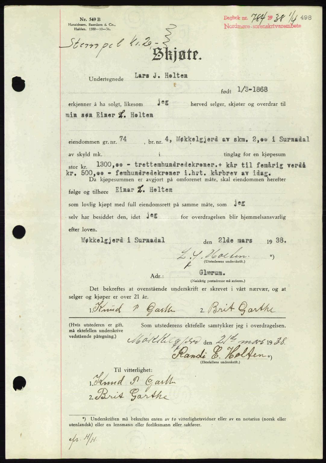 Nordmøre sorenskriveri, SAT/A-4132/1/2/2Ca: Pantebok nr. A83, 1938-1938, Dagboknr: 784/1938