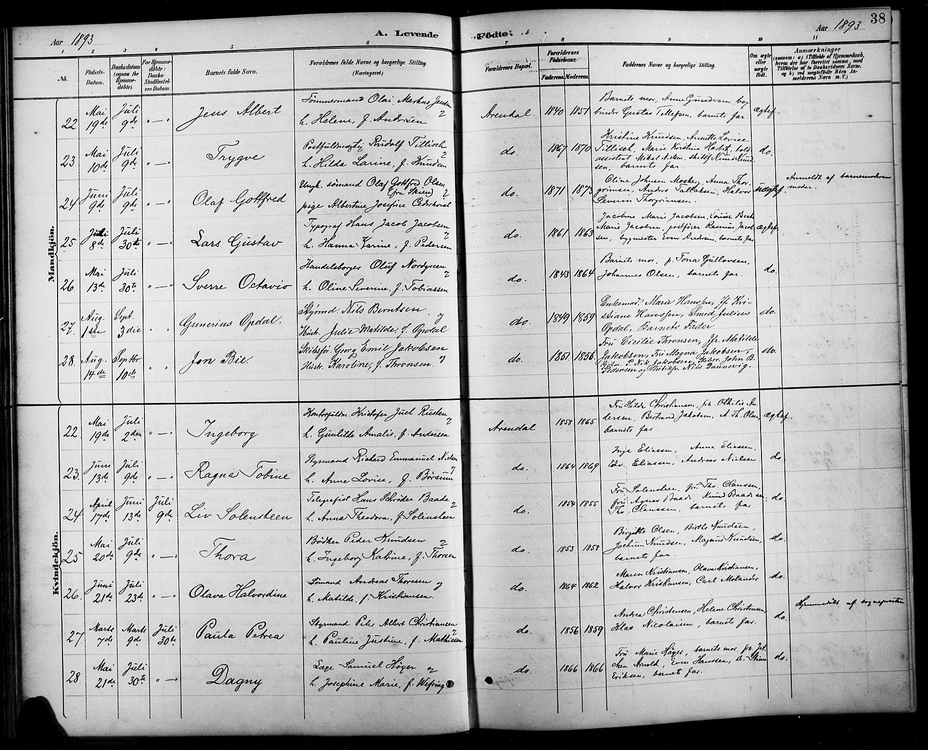 Arendal sokneprestkontor, Trefoldighet, AV/SAK-1111-0040/F/Fb/L0006: Klokkerbok nr. B 6, 1889-1916, s. 38
