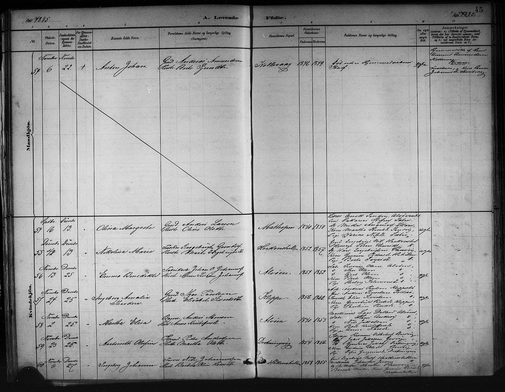Askøy Sokneprestembete, AV/SAB-A-74101/H/Ha/Hab/Haba/L0008: Klokkerbok nr. A 8, 1882-1893, s. 45