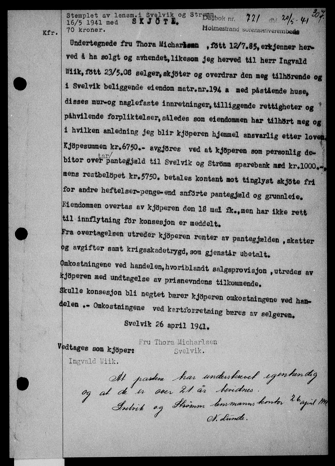 Holmestrand sorenskriveri, SAKO/A-67/G/Ga/Gaa/L0053: Pantebok nr. A-53, 1941-1941, Dagboknr: 721/1941