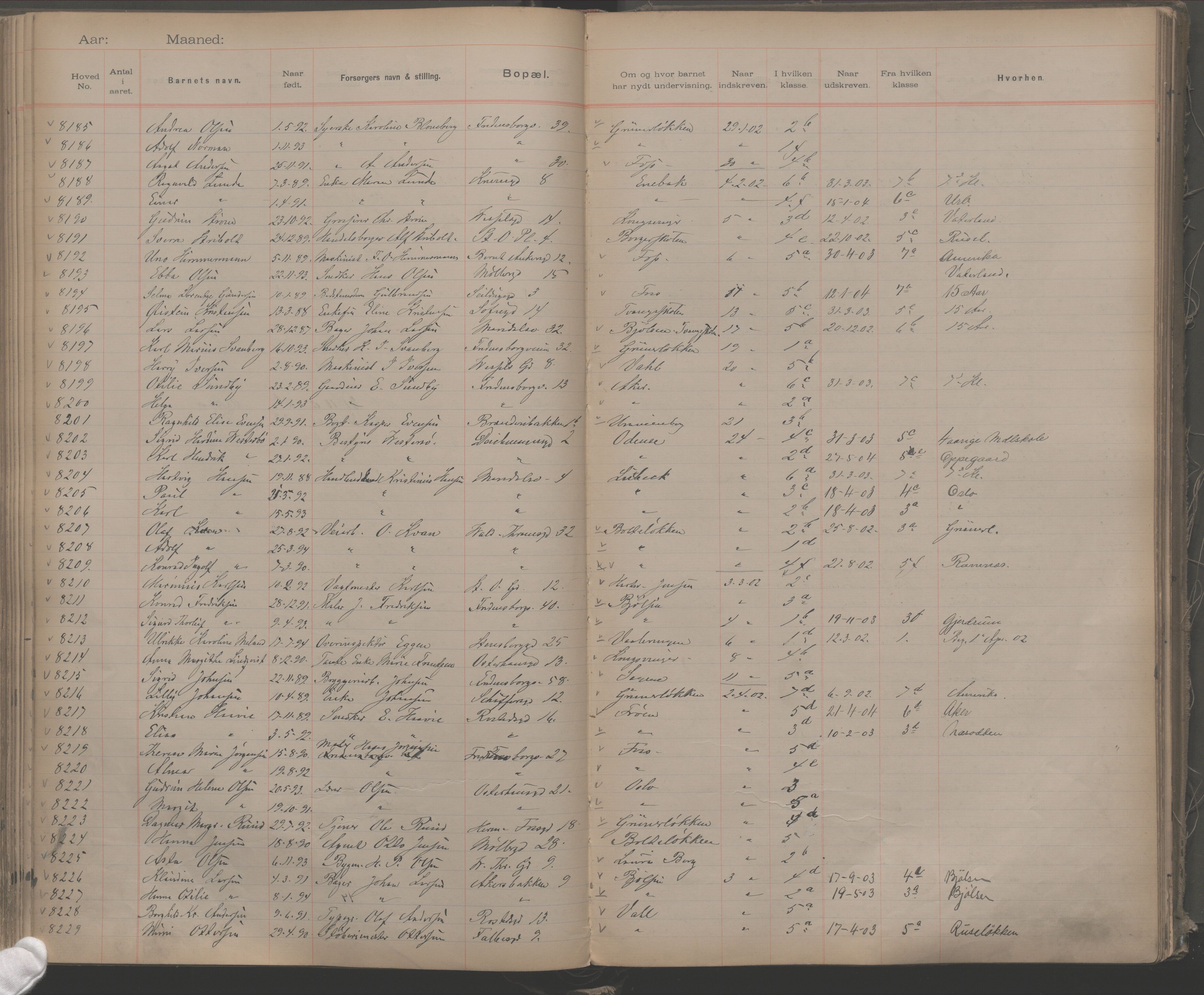 Møllergata skole, OBA/A-20129/F/Fa/L0001: Ut-/innskrivningsprotokoll, 1889-1907, s. 187