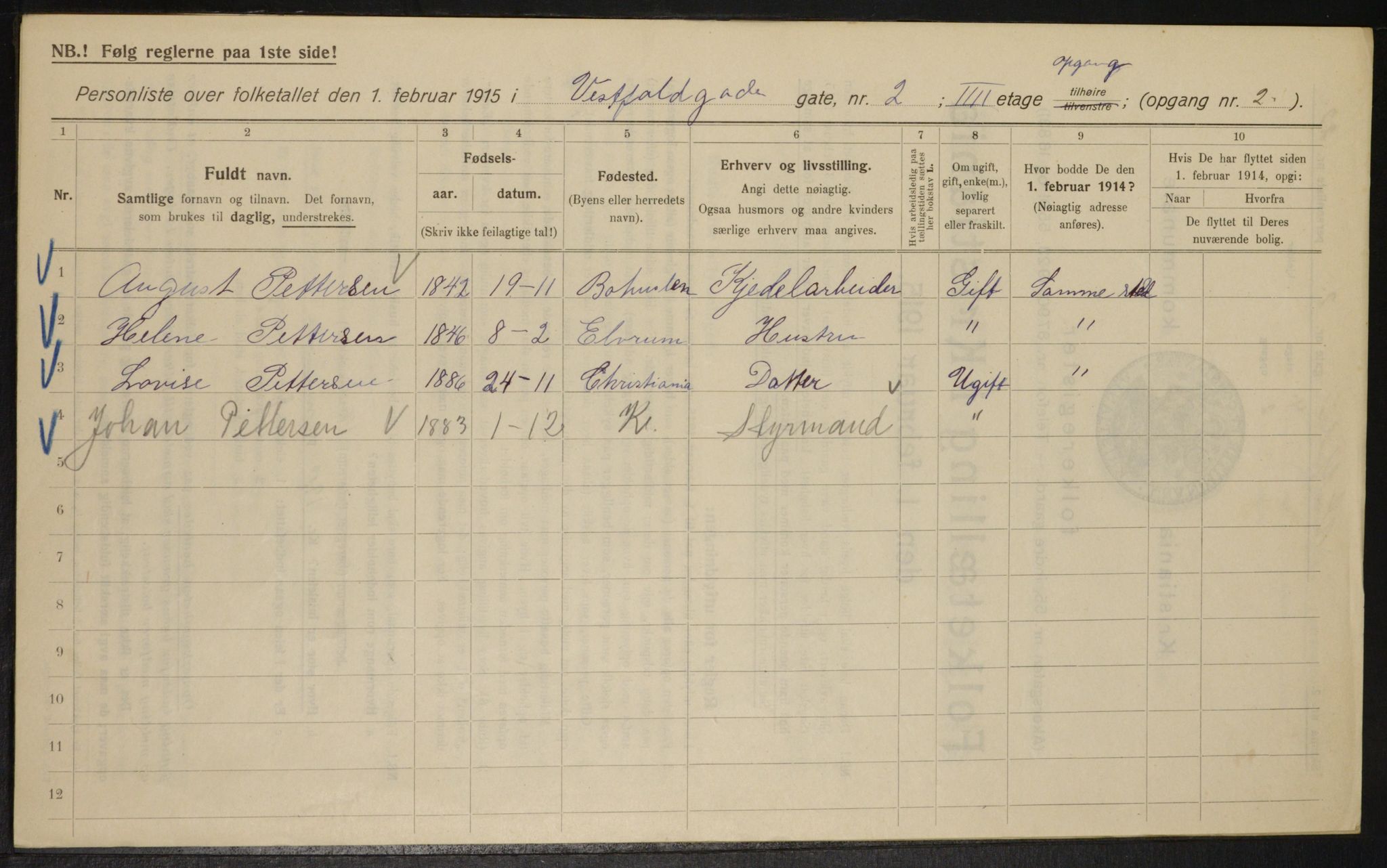 OBA, Kommunal folketelling 1.2.1915 for Kristiania, 1915, s. 123031