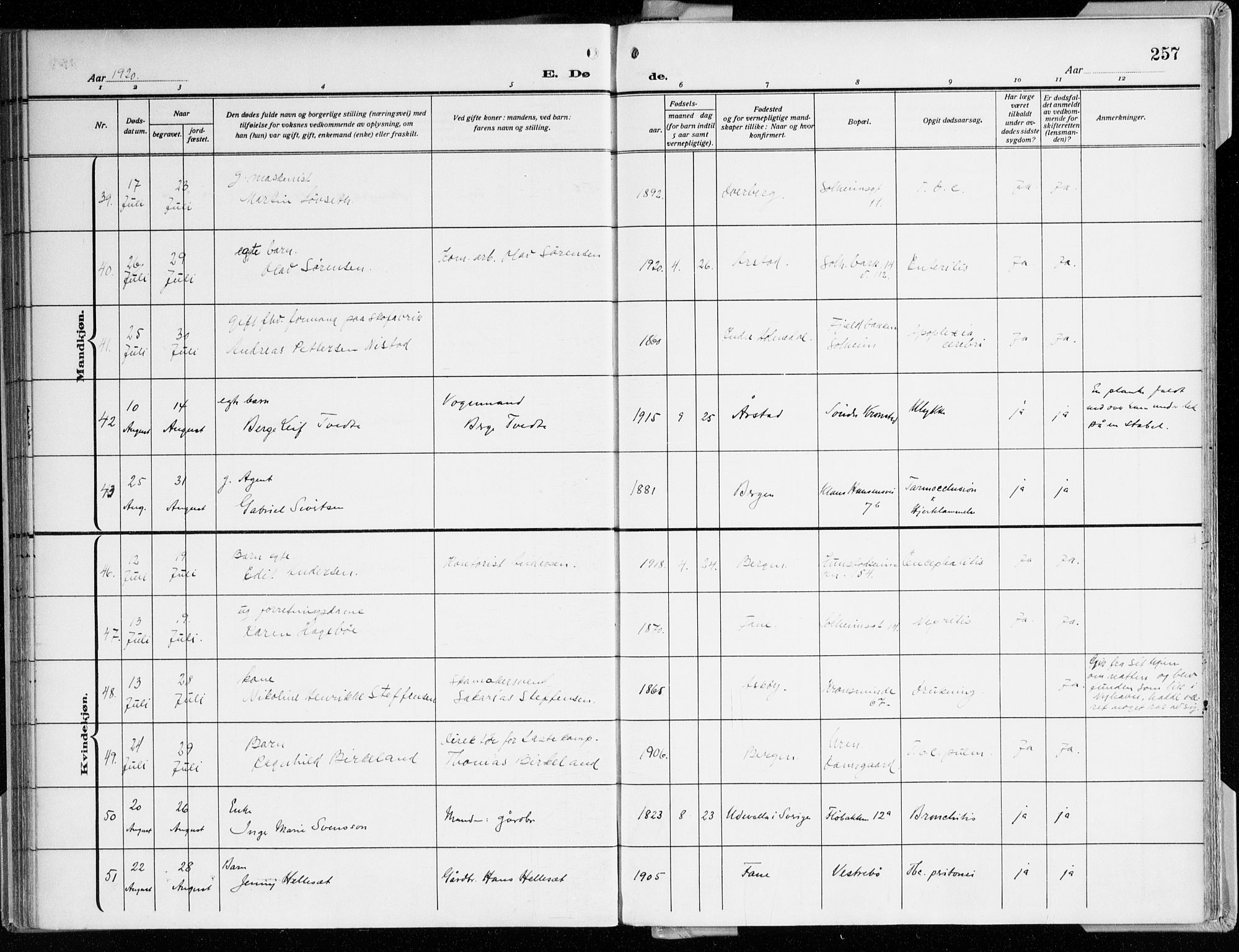 Årstad Sokneprestembete, AV/SAB-A-79301/H/Haa/L0003: Ministerialbok nr. A 3, 1914-1919, s. 257