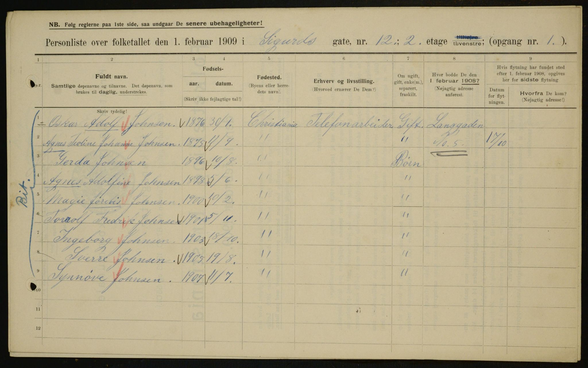 OBA, Kommunal folketelling 1.2.1909 for Kristiania kjøpstad, 1909, s. 86307