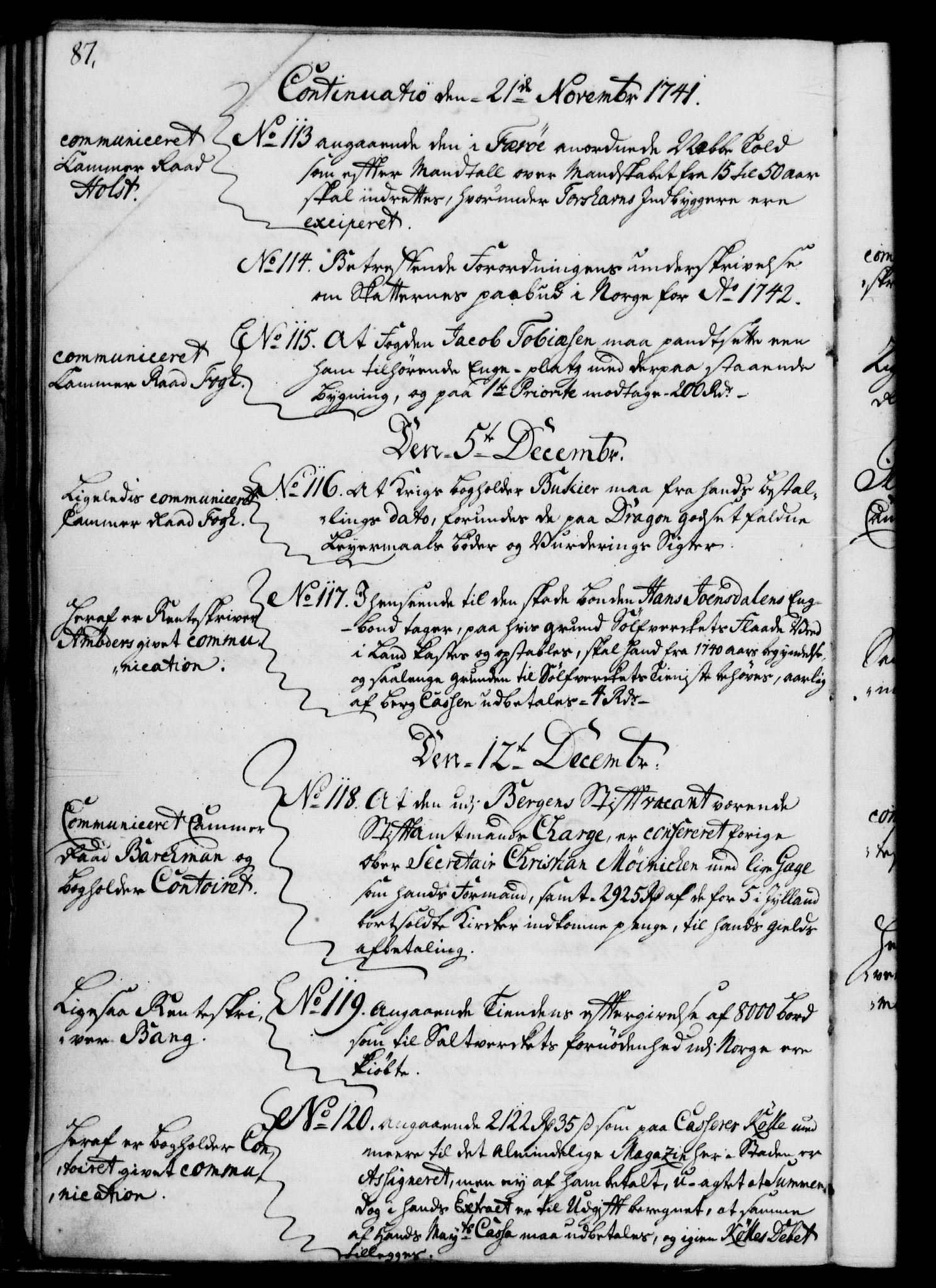 Rentekammeret, Kammerkanselliet, RA/EA-3111/G/Gf/Gfb/L0004: Register til norske relasjons- og resolusjonsprotokoller (merket RK 52.99), 1736-1743, s. 87