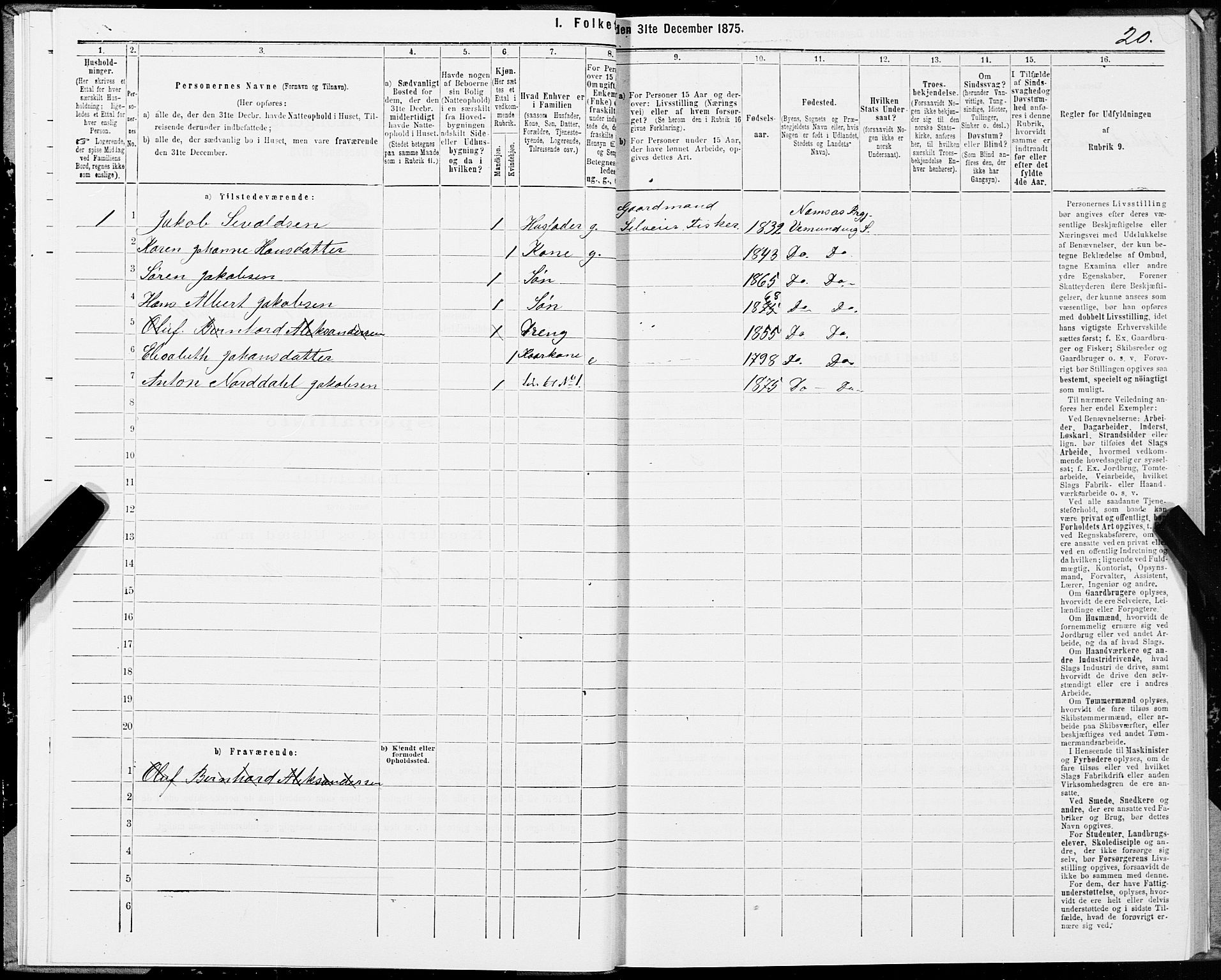 SAT, Folketelling 1875 for 1745L Namsos prestegjeld, Vemundvik sokn og Sævik sokn, 1875, s. 1020