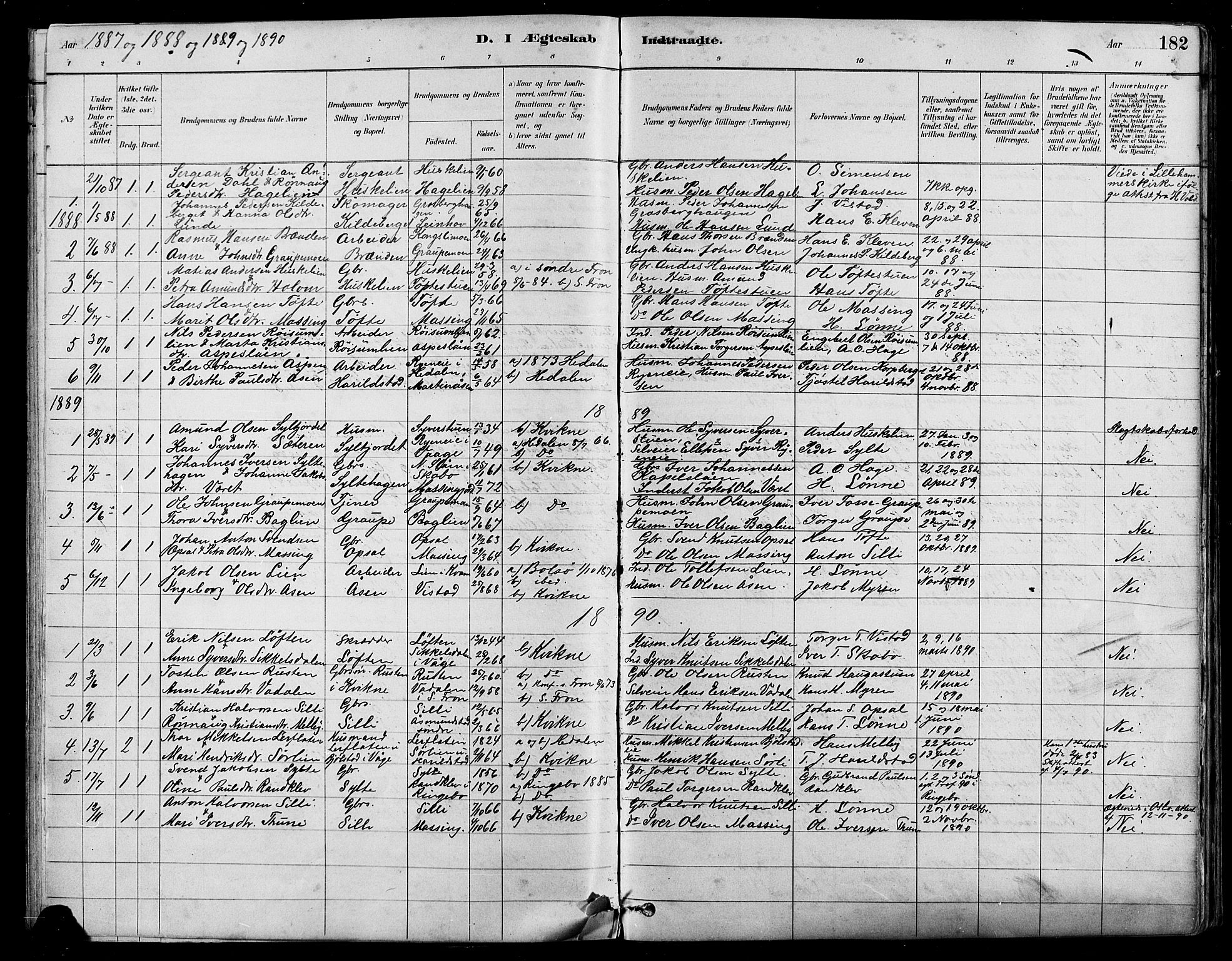 Nord-Fron prestekontor, AV/SAH-PREST-080/H/Ha/Hab/L0005: Klokkerbok nr. 5, 1884-1914, s. 182