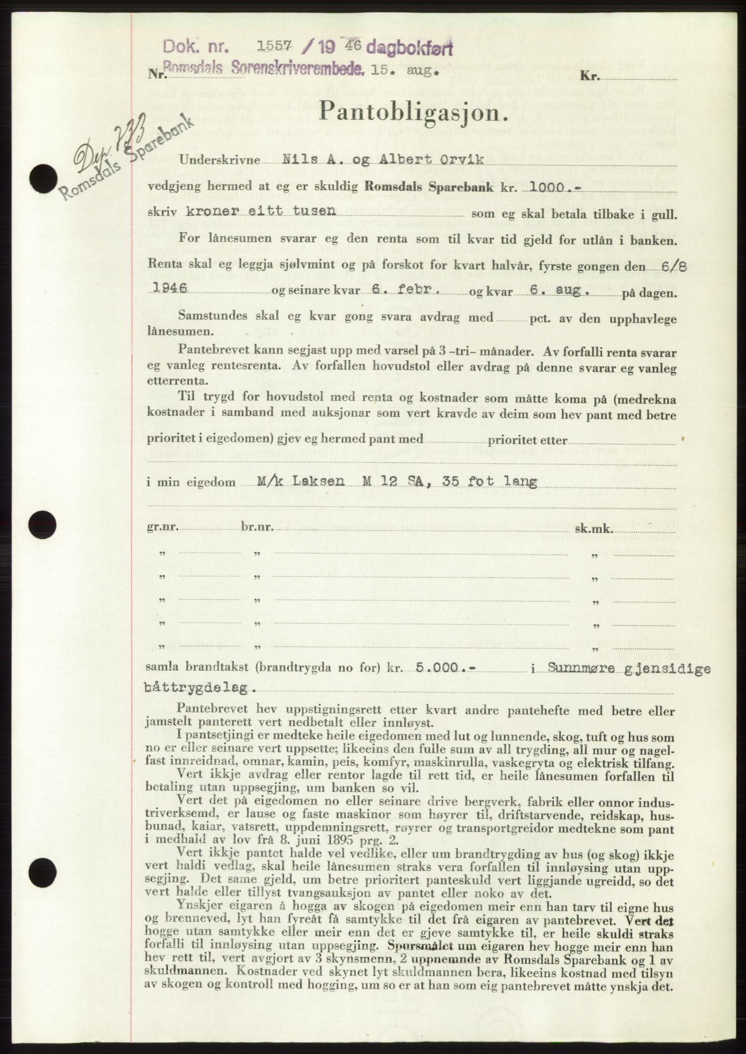 Romsdal sorenskriveri, SAT/A-4149/1/2/2C: Pantebok nr. B3, 1946-1948, Dagboknr: 1557/1946