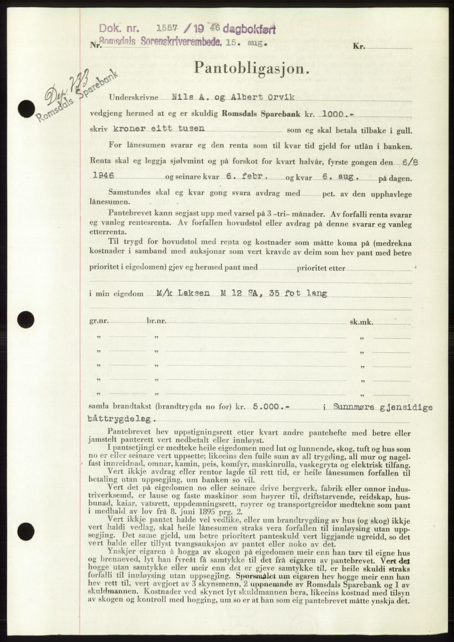 Romsdal sorenskriveri, AV/SAT-A-4149/1/2/2C: Pantebok nr. B3, 1946-1948, Dagboknr: 1557/1946