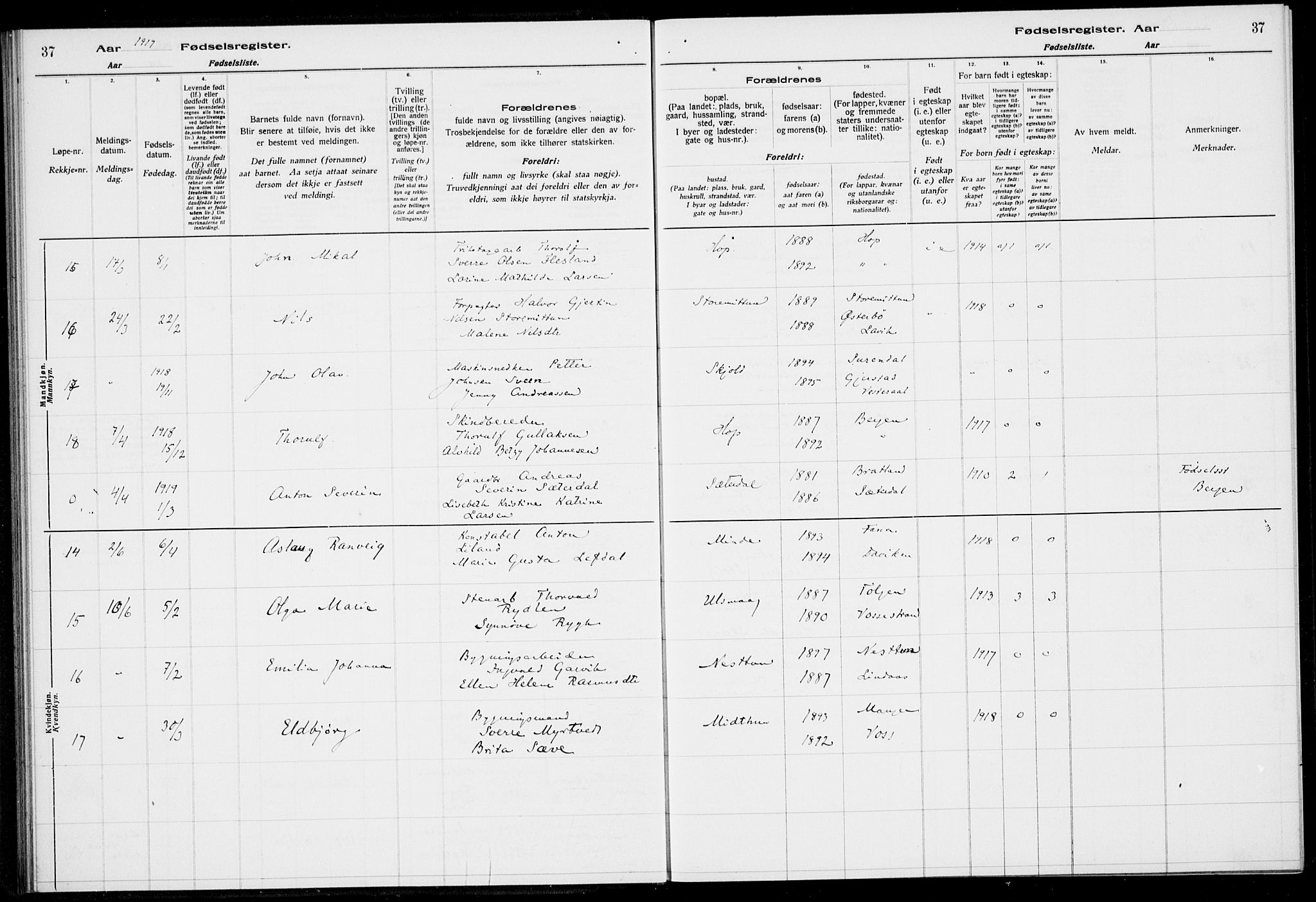 Birkeland Sokneprestembete, AV/SAB-A-74601/I/Id/L00A1: Fødselsregister nr. A 1, 1916-1926, s. 37