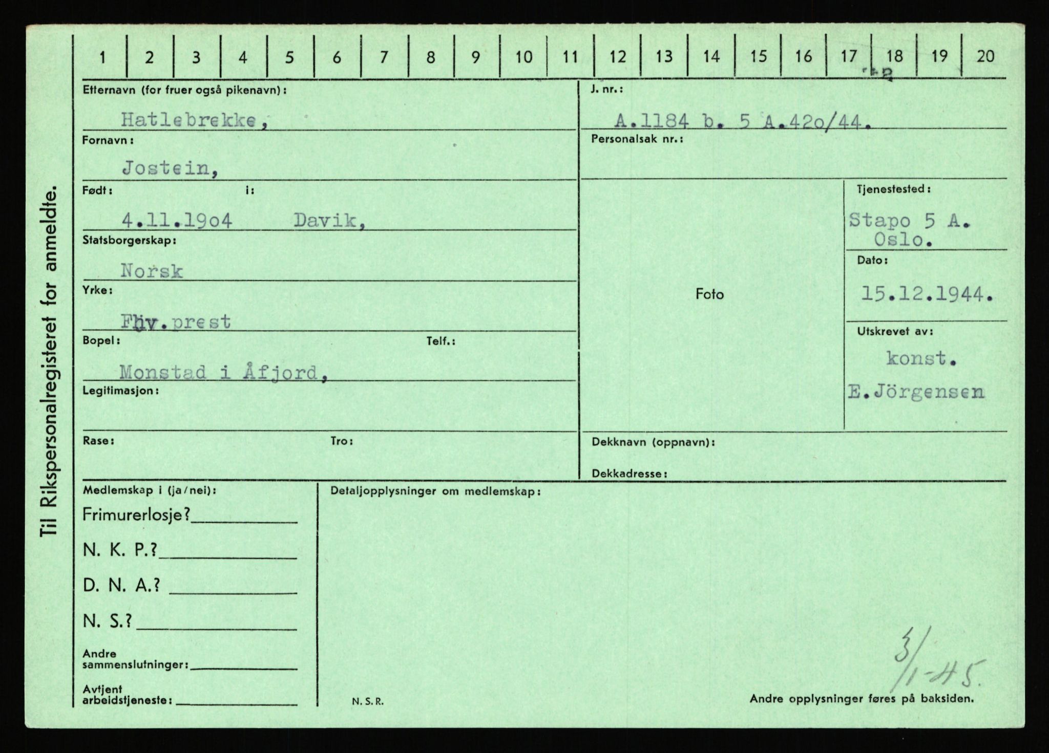 Statspolitiet - Hovedkontoret / Osloavdelingen, AV/RA-S-1329/C/Ca/L0006: Hanche - Hokstvedt, 1943-1945, s. 2048