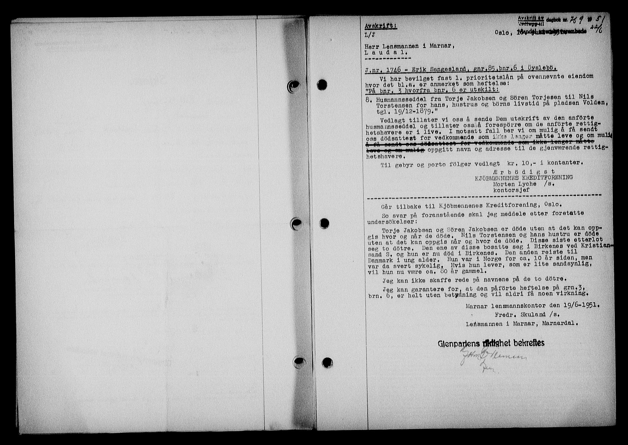Mandal sorenskriveri, SAK/1221-0005/001/G/Gb/Gba/L0084: Pantebok nr. A-21, 1951-1951, Dagboknr: 769/1951