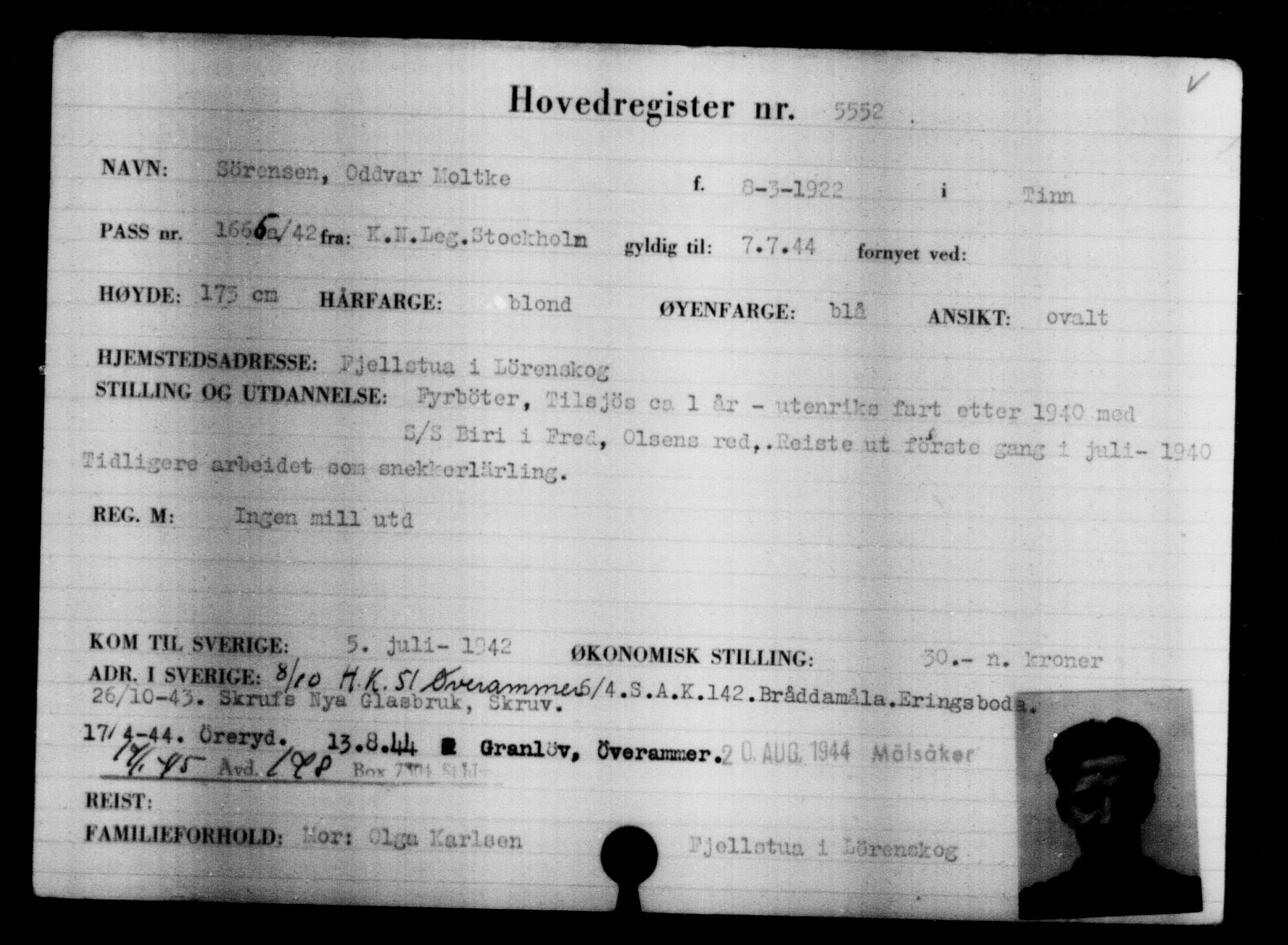 Utenriksstasjonene, Legasjonen i Stockholm, Flyktningkontoret, AV/RA-S-6753/V/Va/L0004: Kjesäterkartoteket, flyktninger med registreringsnr. 3496-6610, 1940-1945, s. 2378