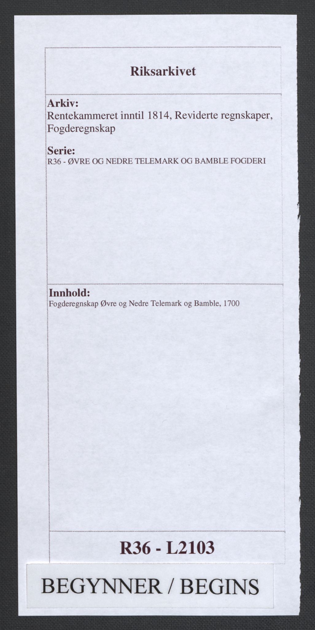 Rentekammeret inntil 1814, Reviderte regnskaper, Fogderegnskap, AV/RA-EA-4092/R36/L2103: Fogderegnskap Øvre og Nedre Telemark og Bamble, 1700, s. 1