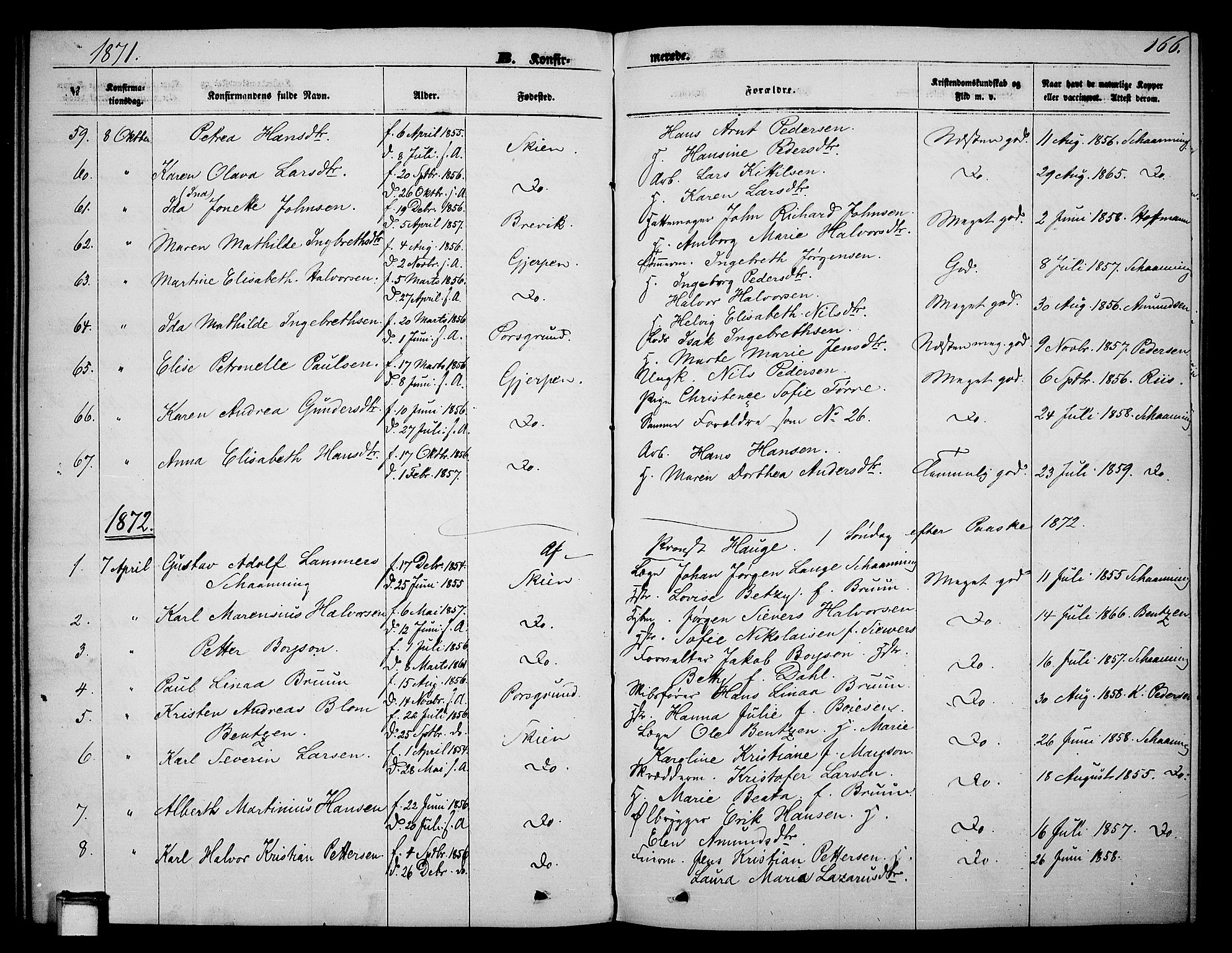 Skien kirkebøker, AV/SAKO-A-302/G/Ga/L0005: Klokkerbok nr. 5, 1868-1880, s. 166