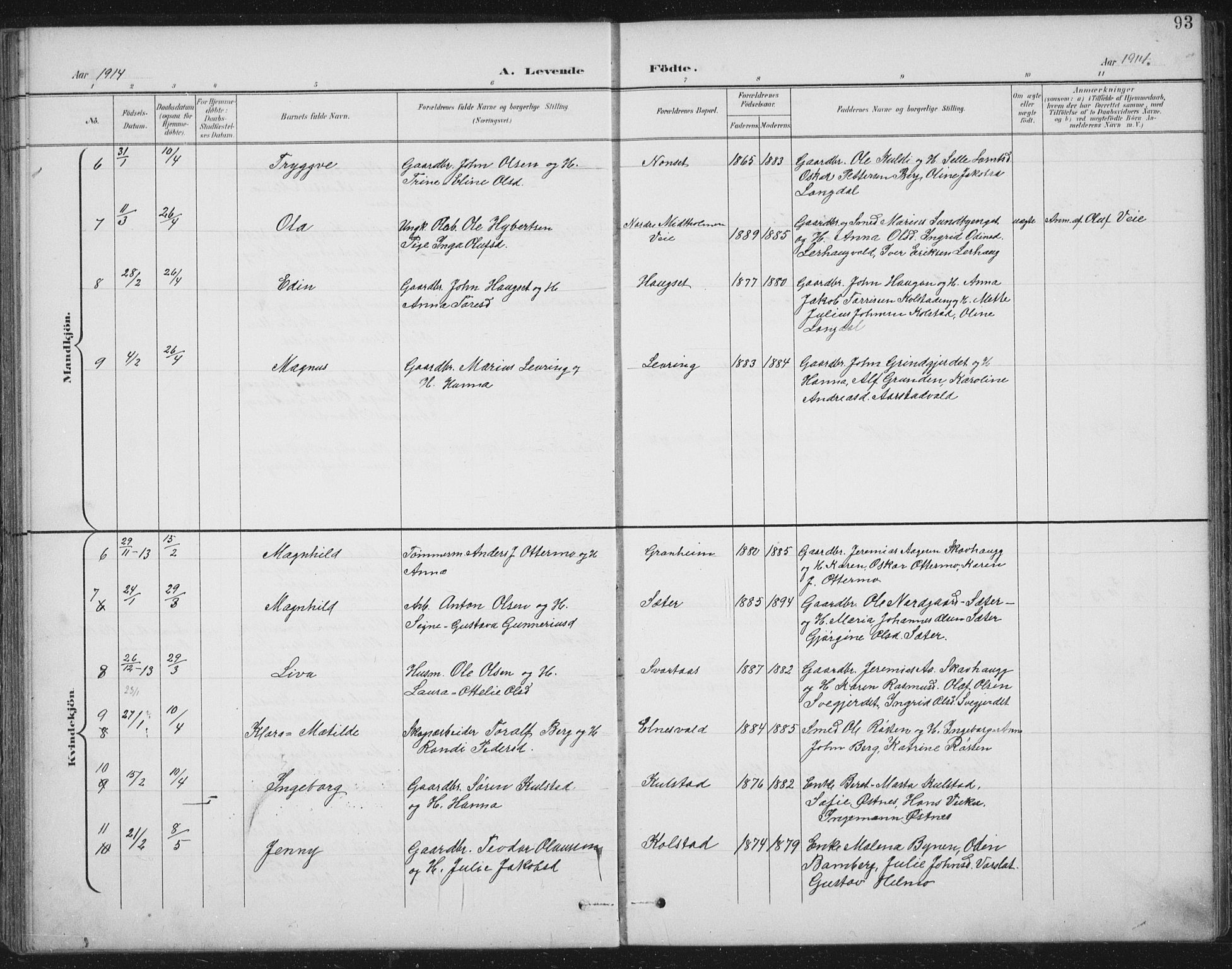 Ministerialprotokoller, klokkerbøker og fødselsregistre - Nord-Trøndelag, SAT/A-1458/724/L0269: Klokkerbok nr. 724C05, 1899-1920, s. 93