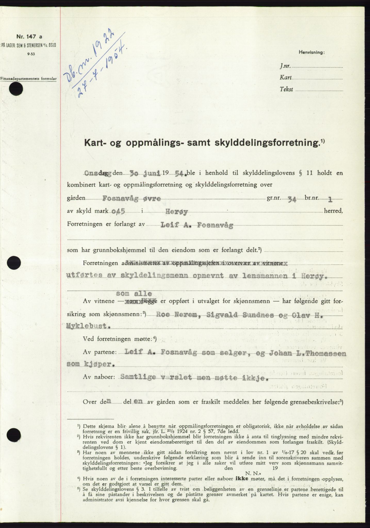 Søre Sunnmøre sorenskriveri, SAT/A-4122/1/2/2C/L0098: Pantebok nr. 24A, 1954-1954, Dagboknr: 1922/1954