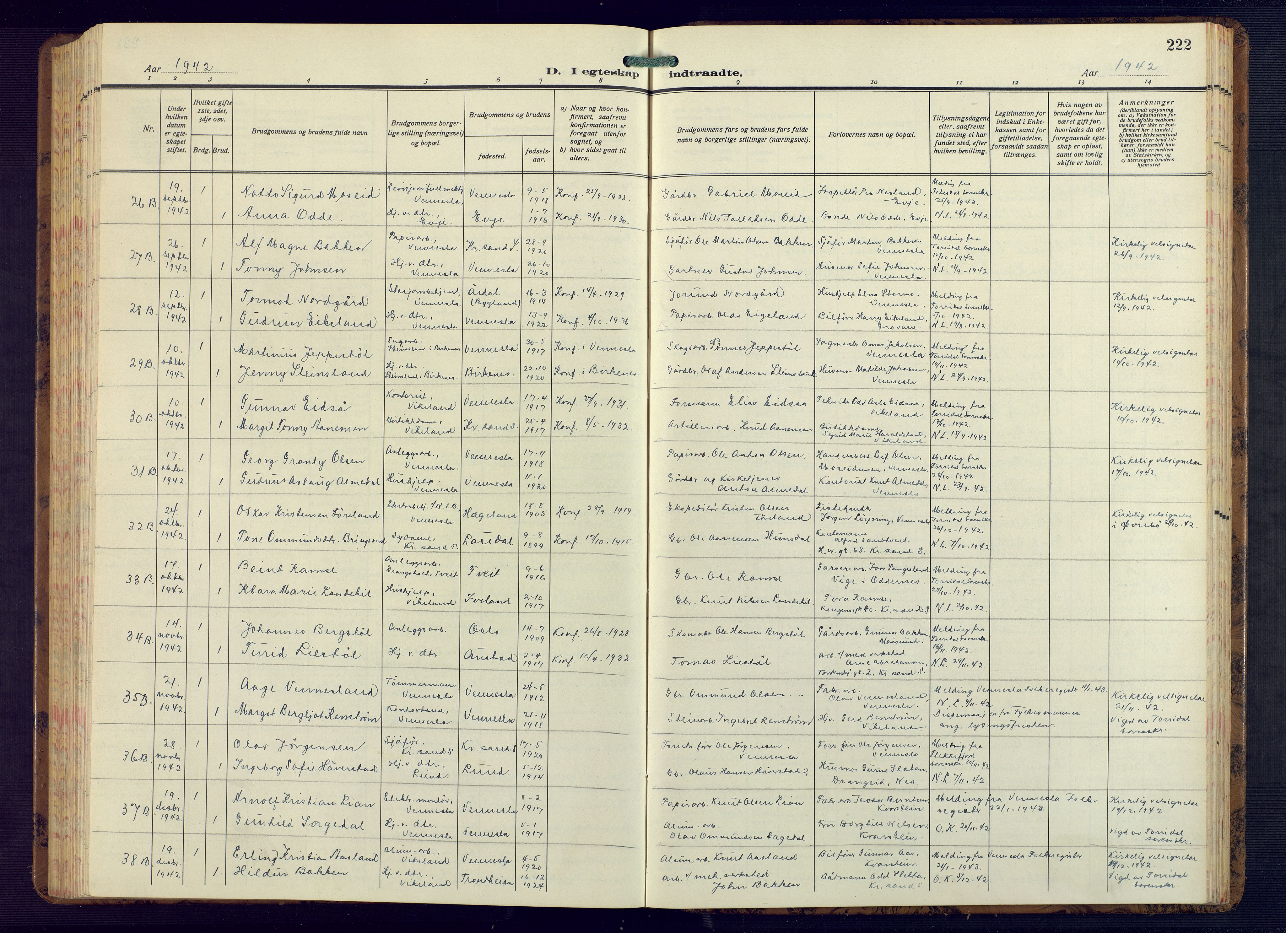 Vennesla sokneprestkontor, AV/SAK-1111-0045/Fb/Fbb/L0008: Klokkerbok nr. B 8, 1934-1947, s. 222