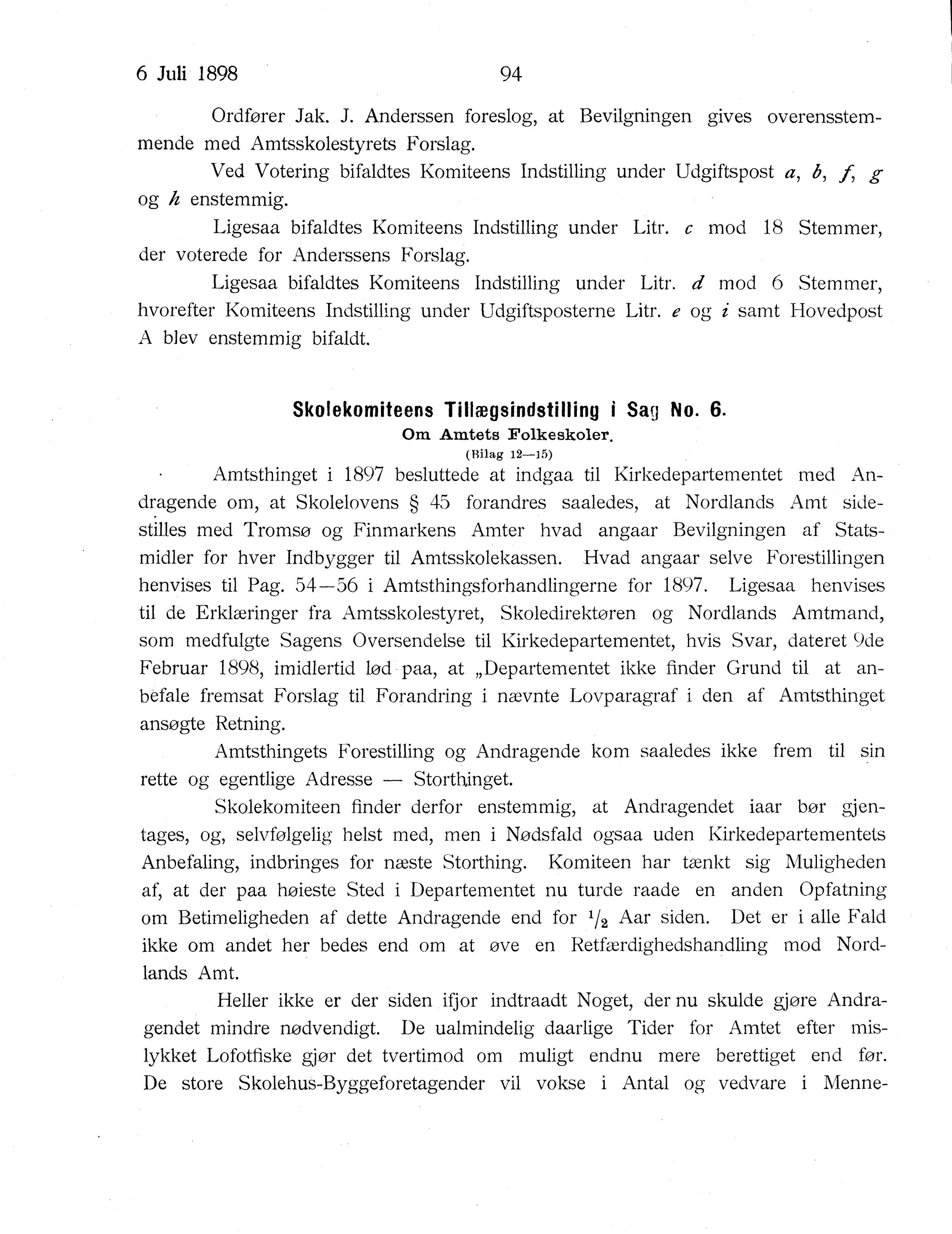 Nordland Fylkeskommune. Fylkestinget, AIN/NFK-17/176/A/Ac/L0021: Fylkestingsforhandlinger 1898, 1898