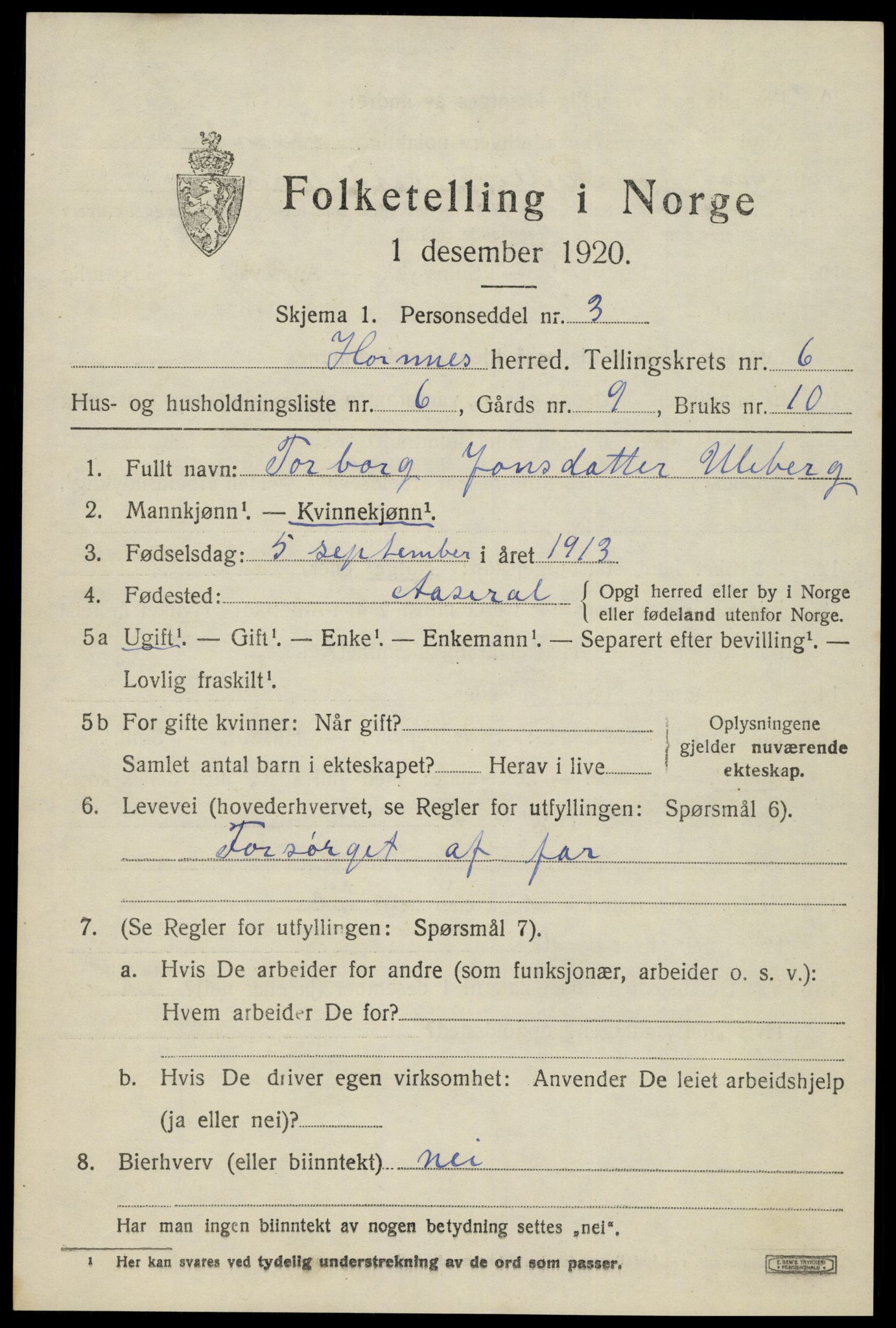 SAK, Folketelling 1920 for 0936 Hornnes herred, 1920, s. 1617