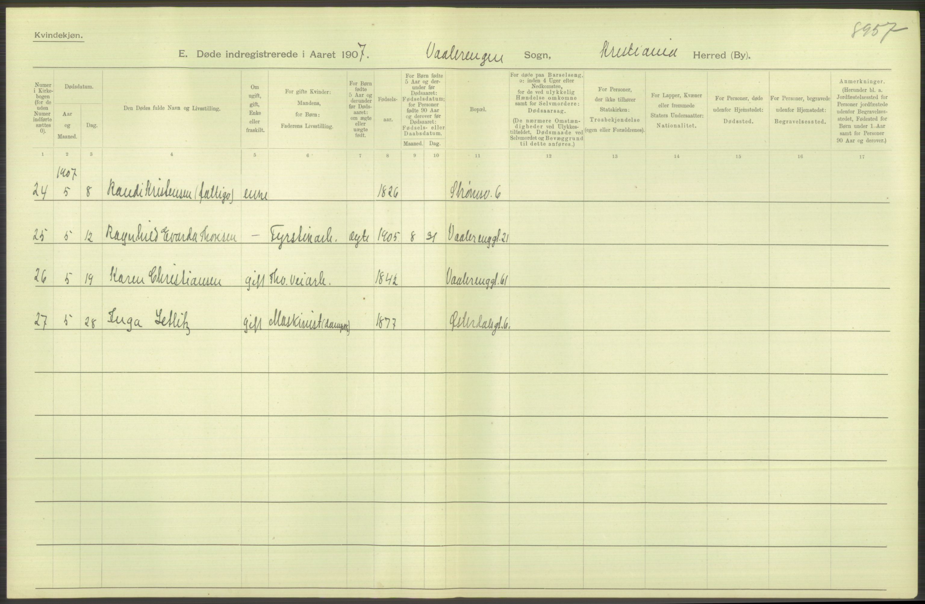 Statistisk sentralbyrå, Sosiodemografiske emner, Befolkning, AV/RA-S-2228/D/Df/Dfa/Dfae/L0009: Kristiania: Døde, 1907, s. 516