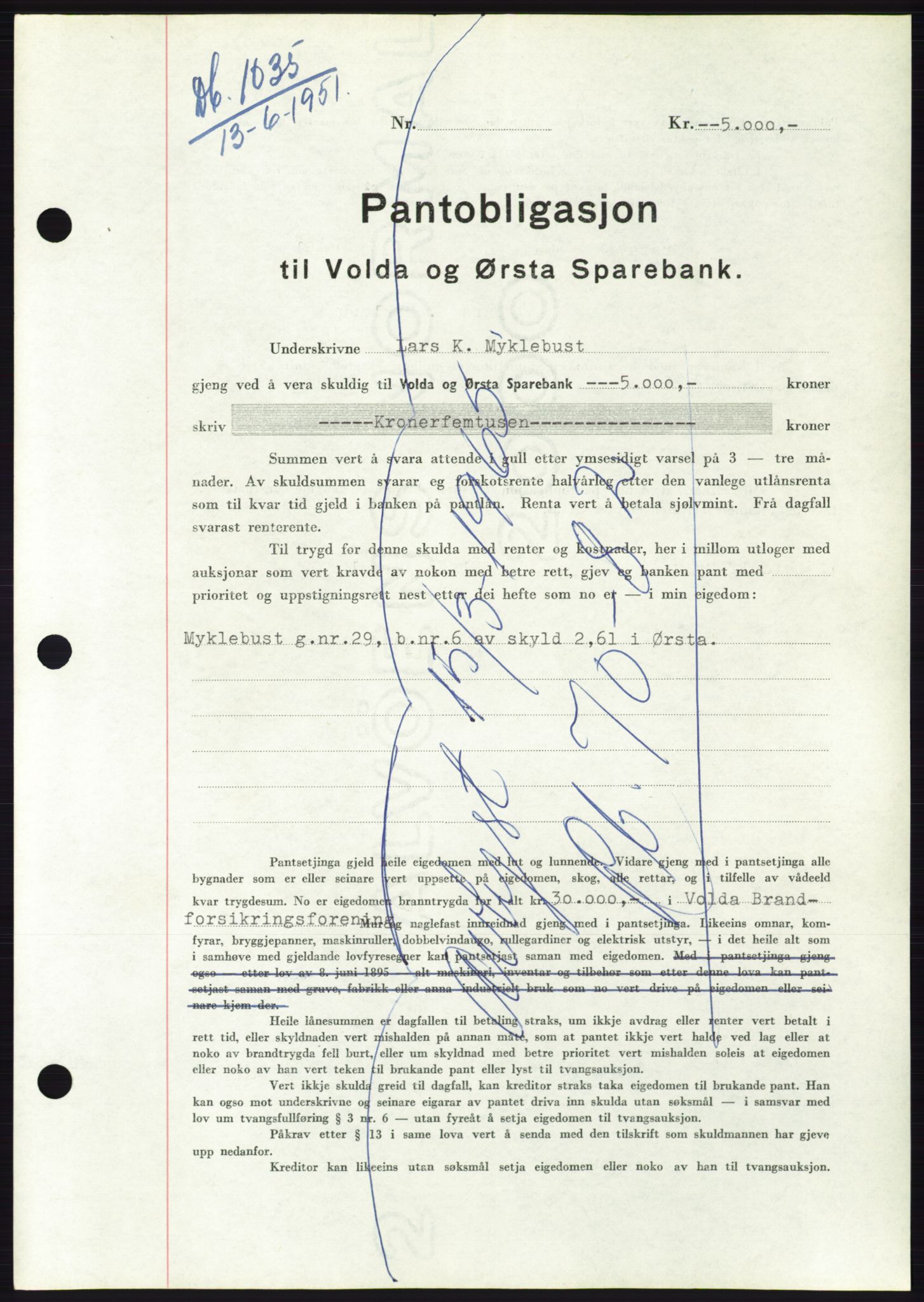 Søre Sunnmøre sorenskriveri, SAT/A-4122/1/2/2C/L0120: Pantebok nr. 8B, 1951-1951, Dagboknr: 1035/1951