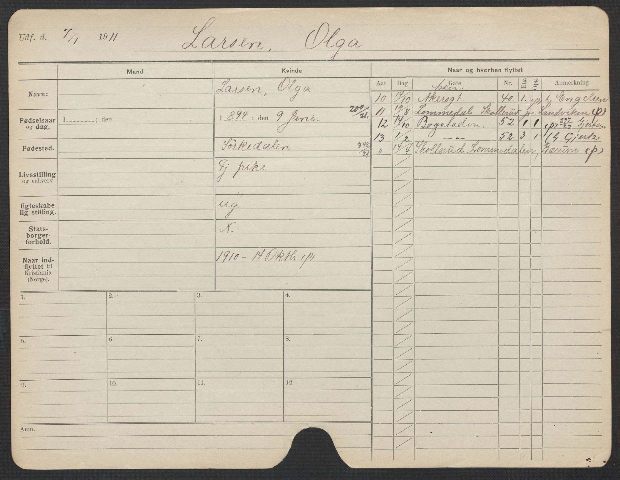 Oslo folkeregister, Registerkort, AV/SAO-A-11715/F/Fa/Fac/L0019: Kvinner, 1906-1914, s. 1105a