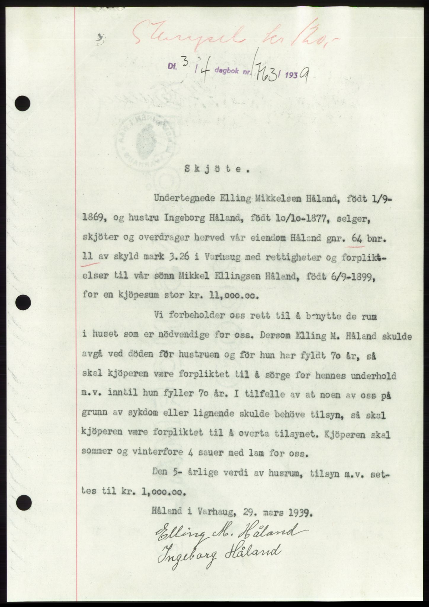 Jæren sorenskriveri, SAST/A-100310/03/G/Gba/L0074: Pantebok, 1939-1939, Dagboknr: 1763/1939