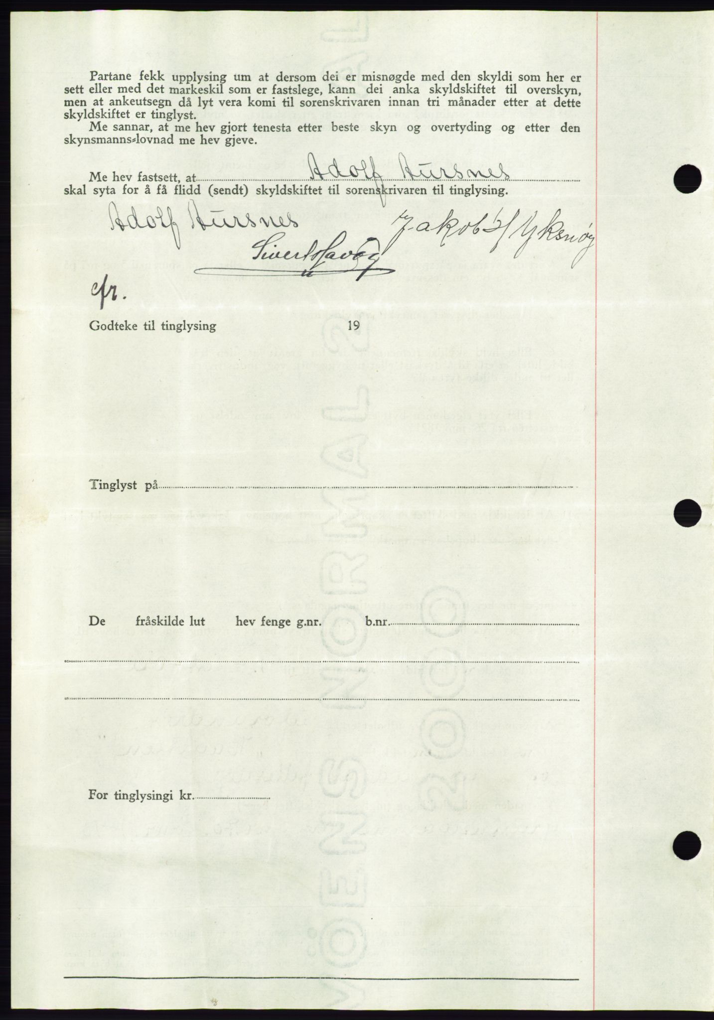 Søre Sunnmøre sorenskriveri, AV/SAT-A-4122/1/2/2C/L0075: Pantebok nr. 1A, 1943-1943, Dagboknr: 1109/1943