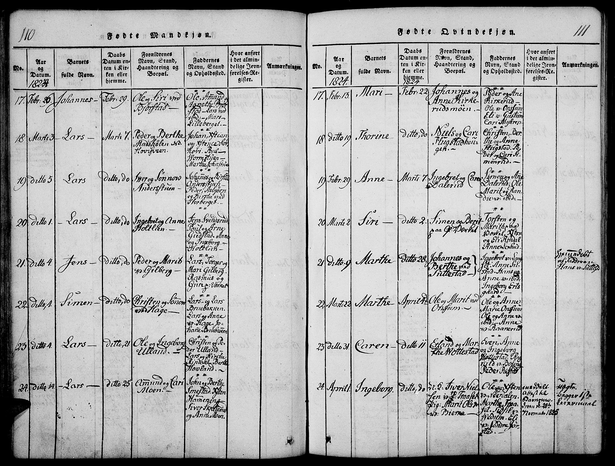 Fåberg prestekontor, AV/SAH-PREST-086/H/Ha/Haa/L0003: Ministerialbok nr. 3, 1818-1833, s. 110-111