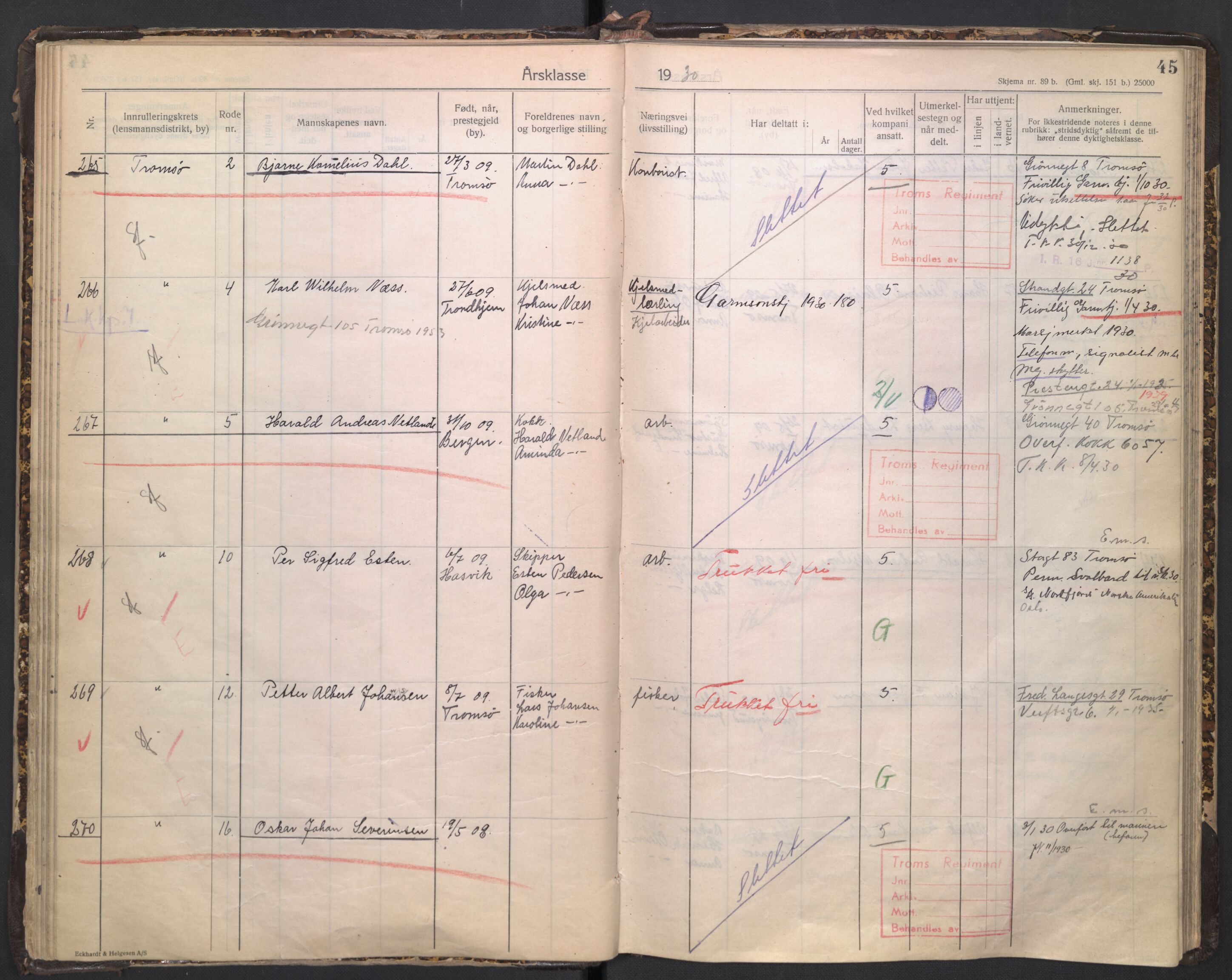 Forsvaret, Troms infanteriregiment nr. 16, AV/RA-RAFA-3146/P/Pa/L0005/0003: Ruller / Rulle for regimentets stridende menige mannskaper, årsklasse 1930, 1930, s. 45