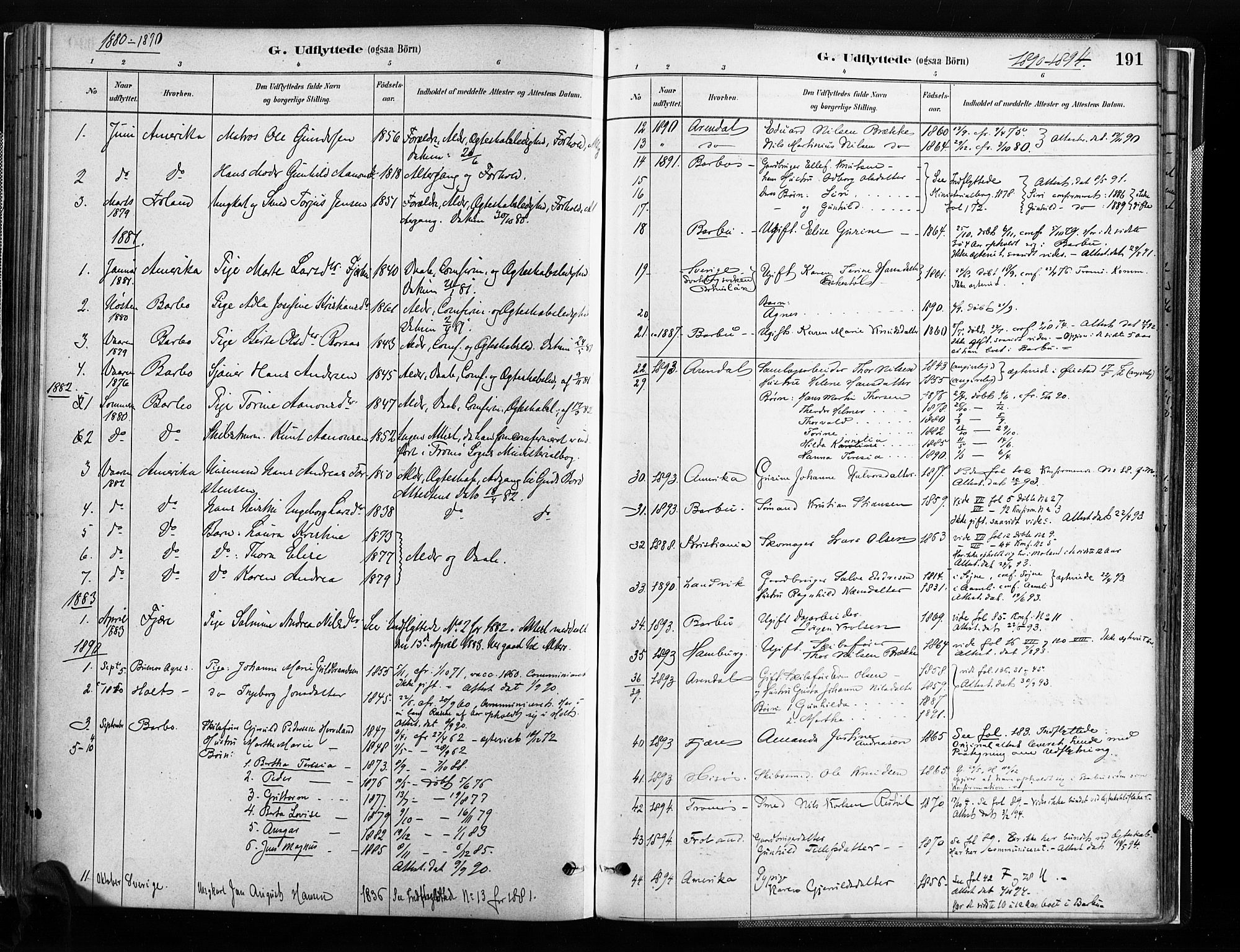 Austre Moland sokneprestkontor, AV/SAK-1111-0001/F/Fa/Faa/L0010: Ministerialbok nr. A 10, 1880-1904, s. 191