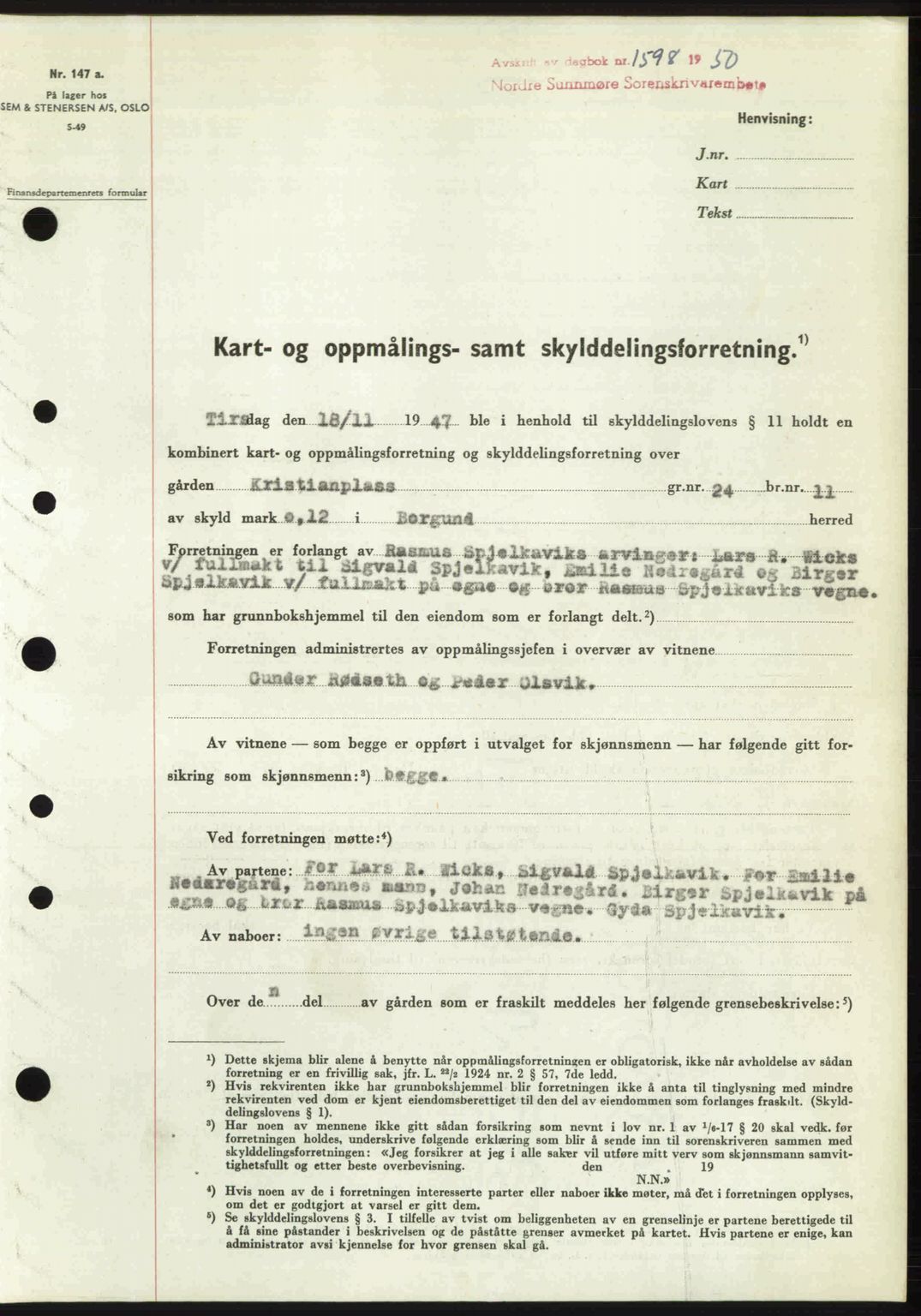 Nordre Sunnmøre sorenskriveri, SAT/A-0006/1/2/2C/2Ca: Pantebok nr. A35, 1950-1950, Dagboknr: 1598/1950