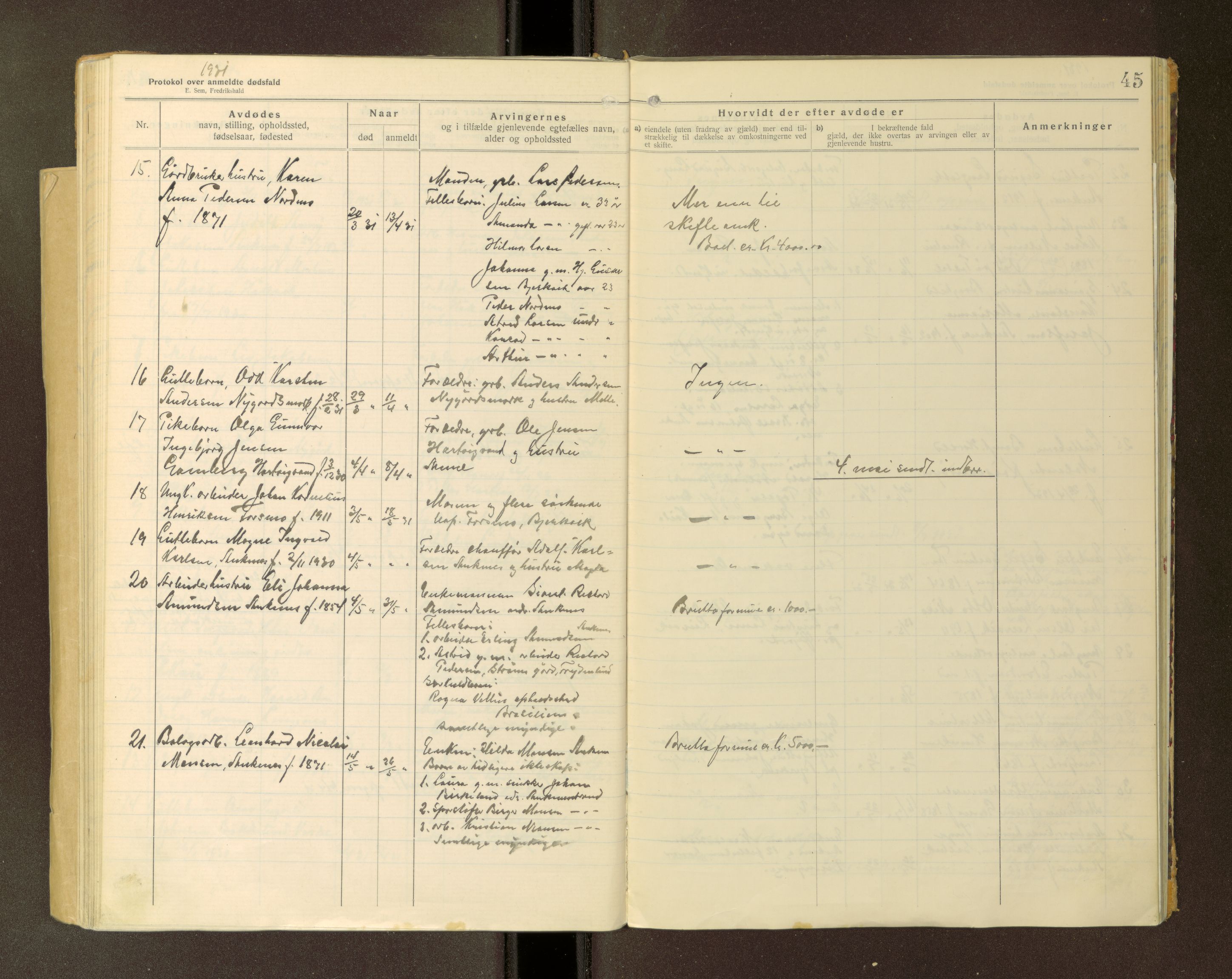 Ankenes lensmannskontor, AV/SAT-A-4498/G/Ga/Gaa/L0001: Dødsfallsprotokoller, 1920-1940, s. 45