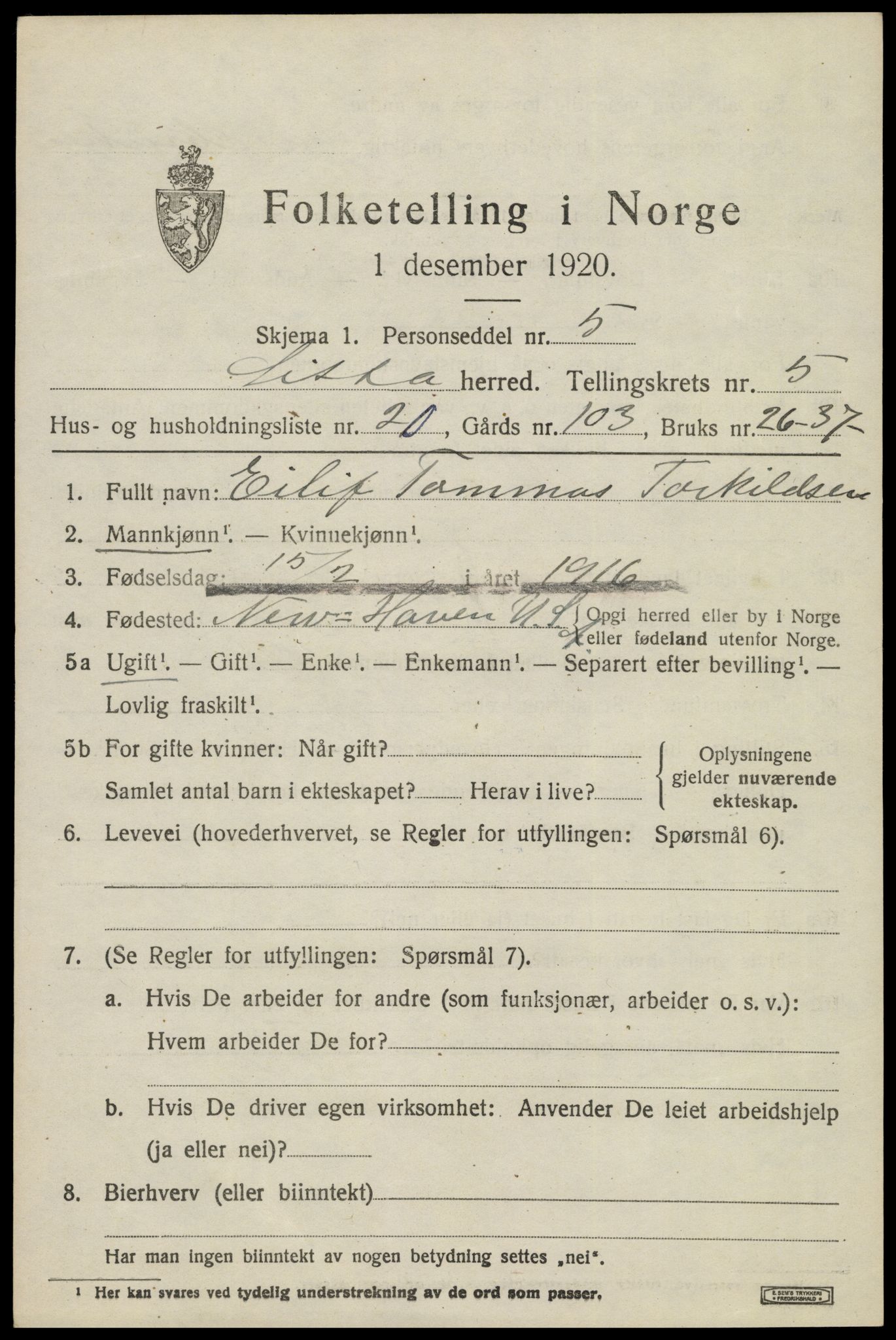 SAK, Folketelling 1920 for 1041 Lista herred, 1920, s. 5661