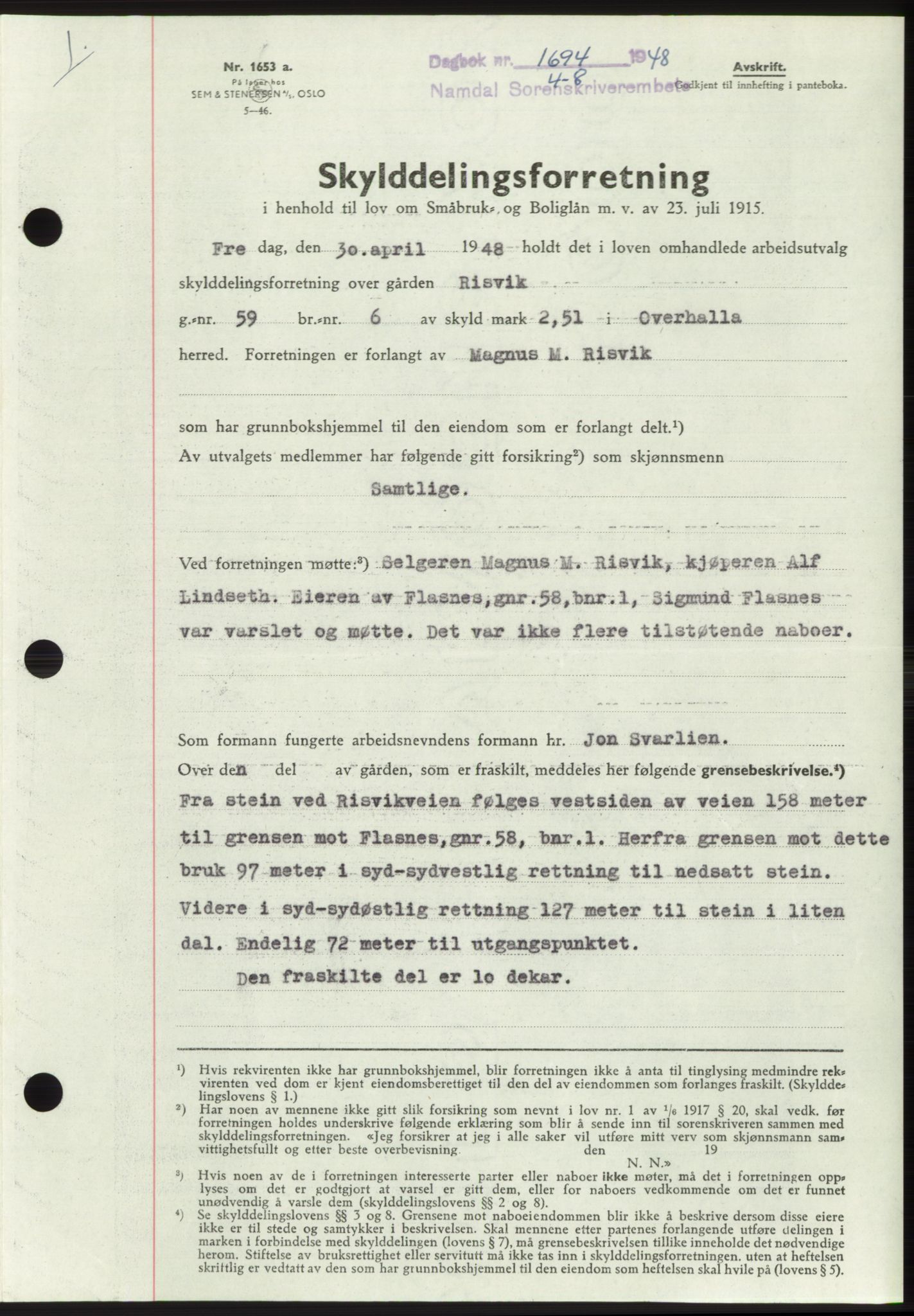 Namdal sorenskriveri, SAT/A-4133/1/2/2C: Pantebok nr. -, 1948-1948, Dagboknr: 1694/1948