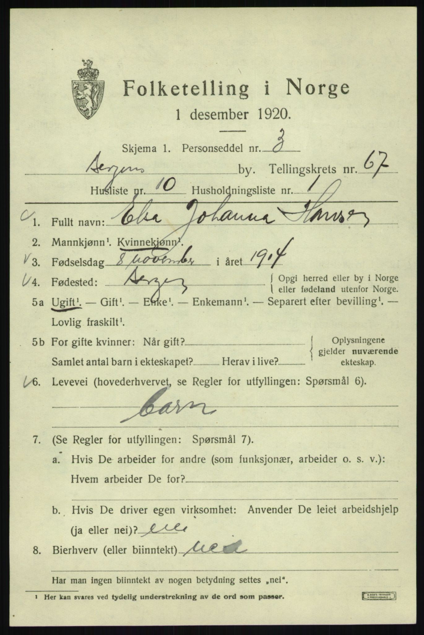 SAB, Folketelling 1920 for 1301 Bergen kjøpstad, 1920, s. 135316