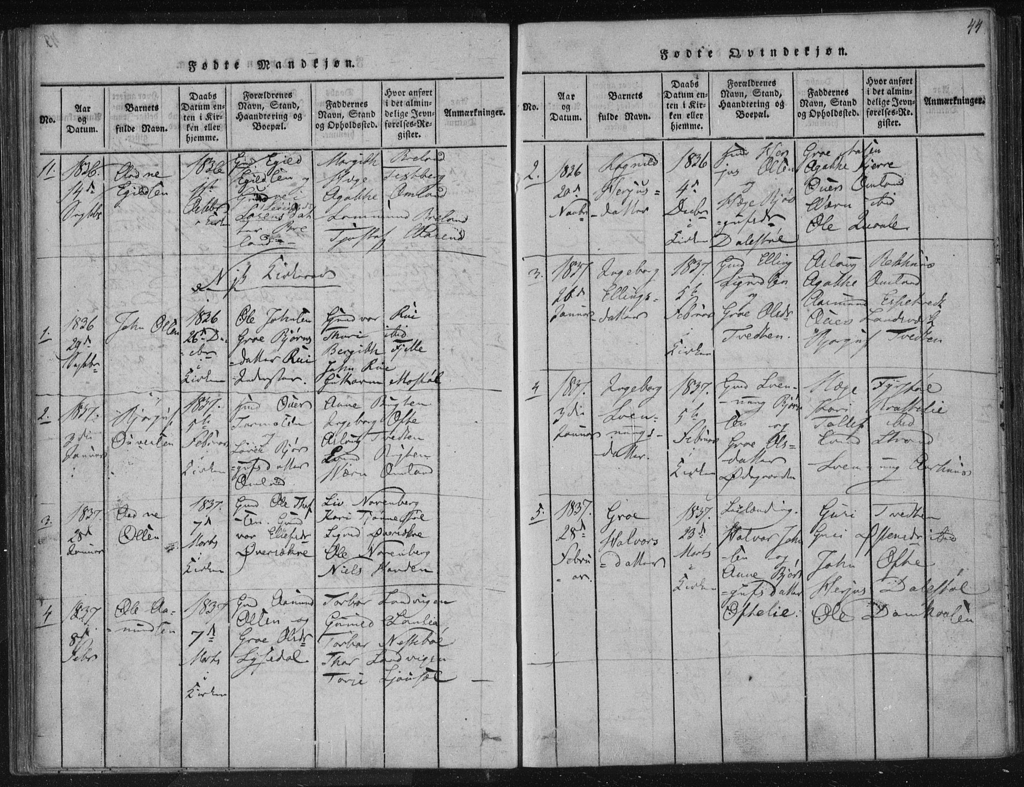 Lårdal kirkebøker, SAKO/A-284/F/Fc/L0001: Ministerialbok nr. III 1, 1815-1860, s. 44