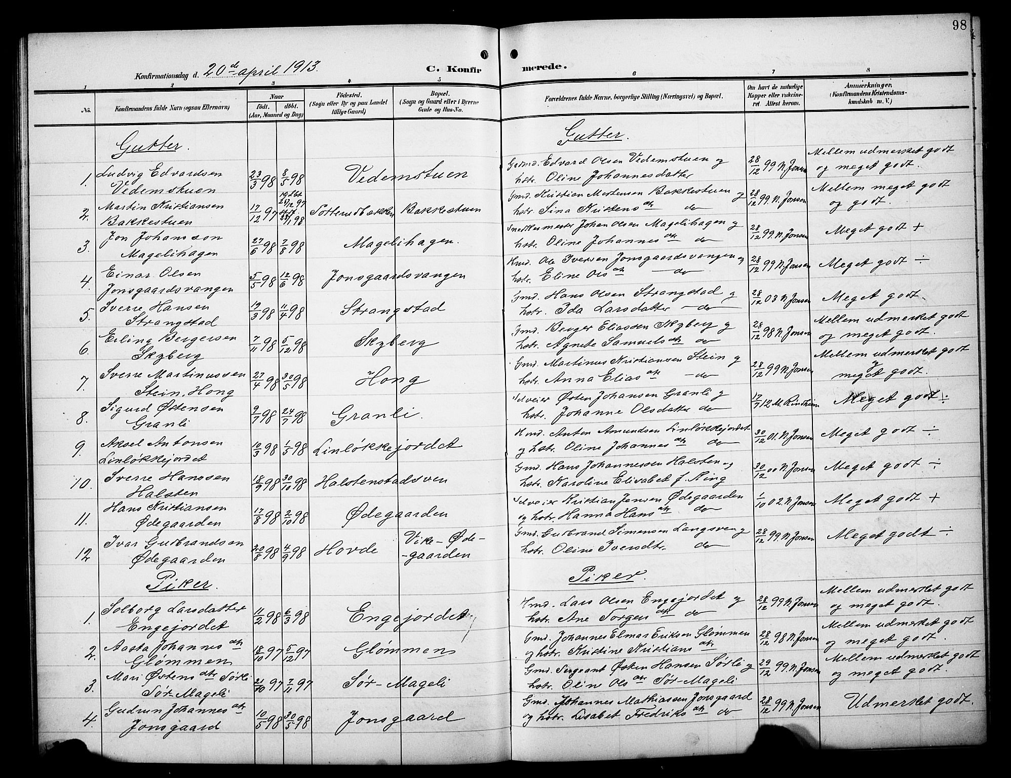 Øyer prestekontor, AV/SAH-PREST-084/H/Ha/Hab/L0006: Klokkerbok nr. 6, 1906-1929, s. 98