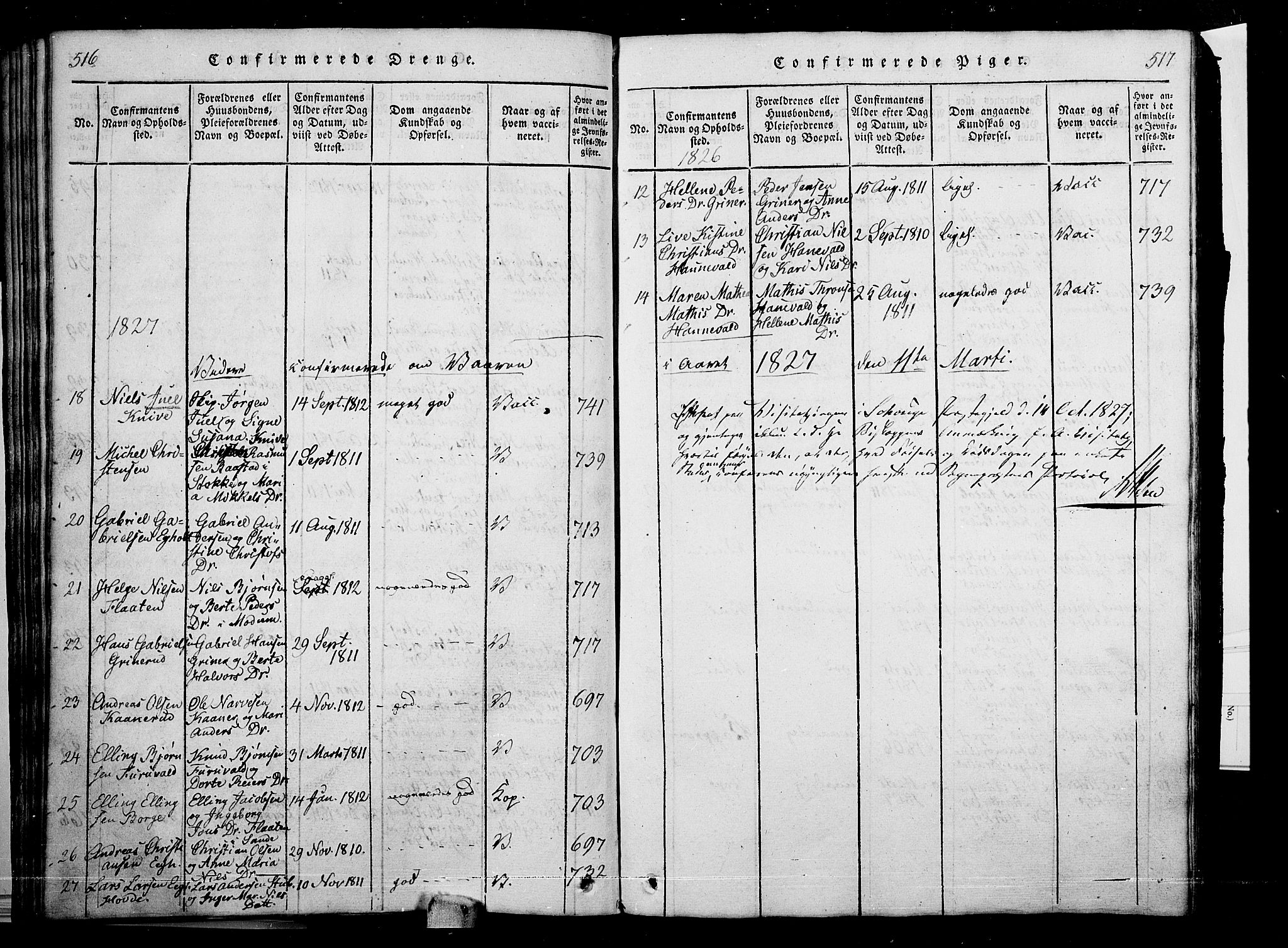 Skoger kirkebøker, AV/SAKO-A-59/G/Ga/L0001: Klokkerbok nr. I 1, 1814-1845, s. 516-517