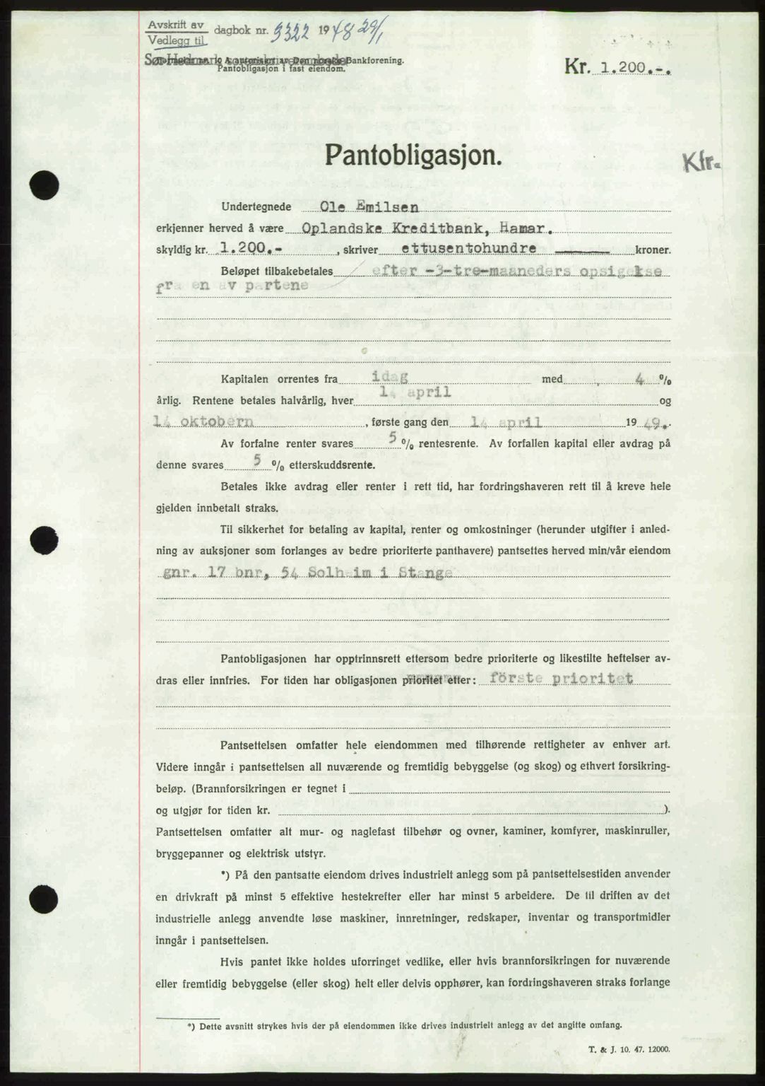 Sør-Hedmark sorenskriveri, SAH/TING-014/H/Hb/Hbd/L0018: Pantebok nr. 18, 1948-1949, Dagboknr: 3322/1948